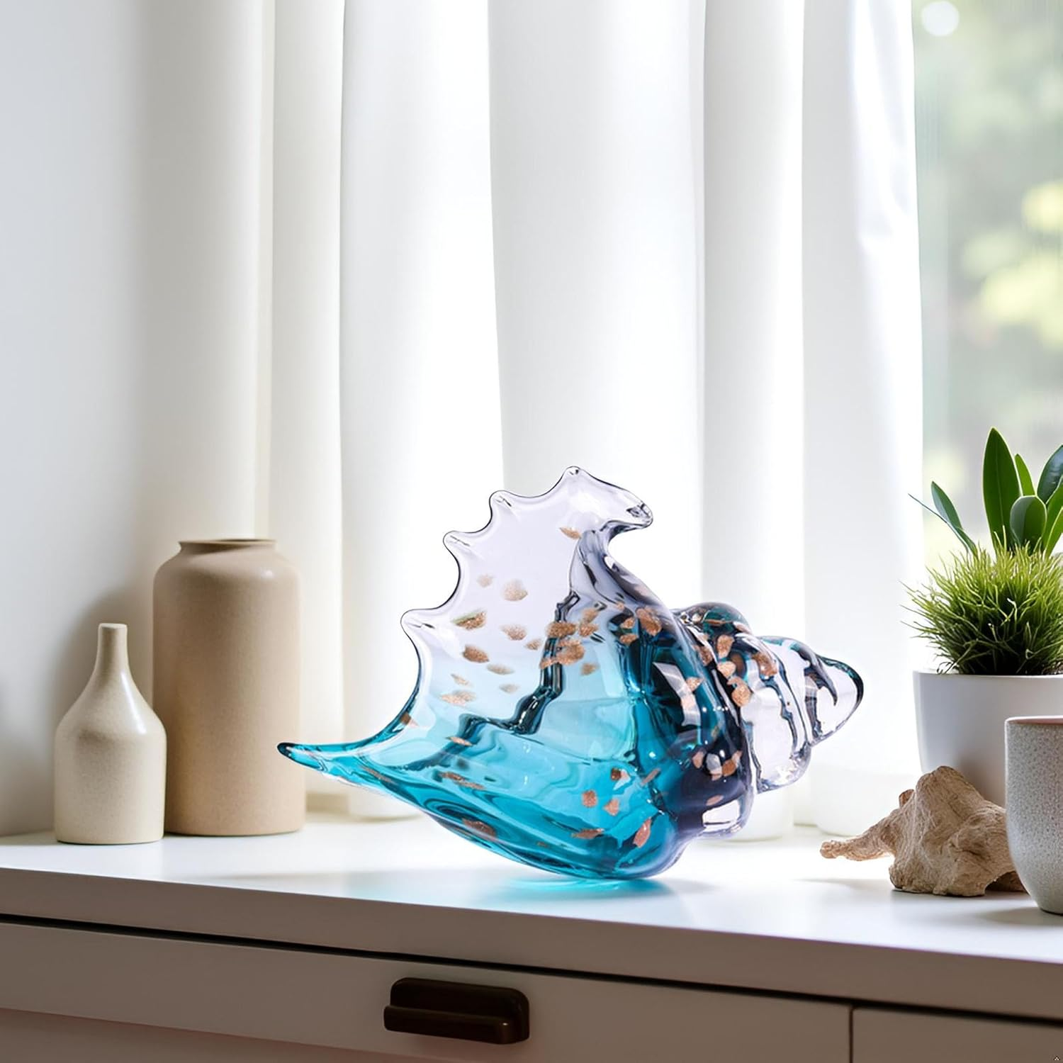 XMGZQ Hand Blown Glass Conch Statue,Sea Glass Art Figurine, Coastal Home Decor with Sea Shells, Living Room TV Stand above Cabinet,Bookcase,Beach Decoration,Entryway Conch Horn Figurines - Gray,Yellow image number 1