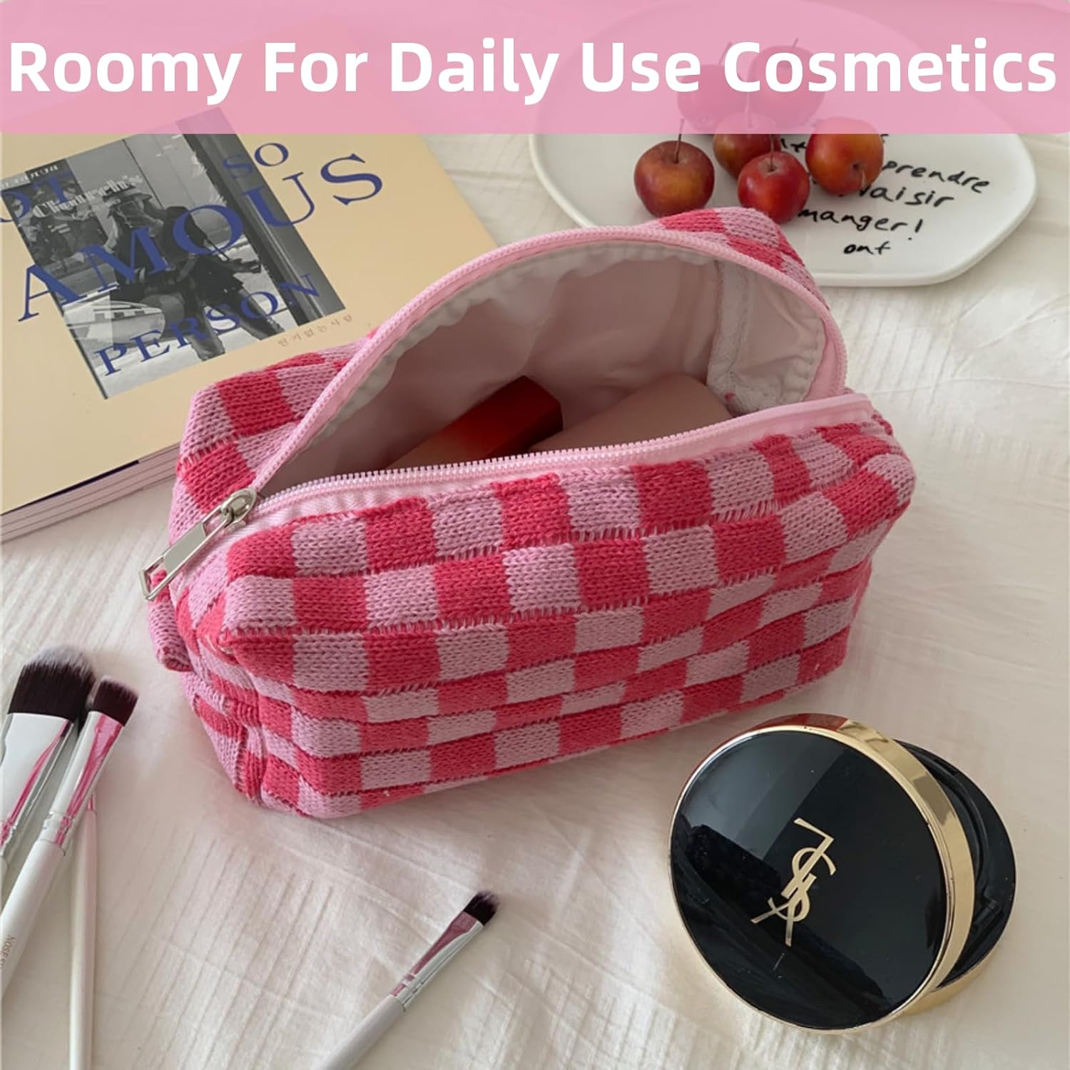 Checkered Makeup Bag Cosmetic Bag for Women, Y2K Accessories Aesthetic Purse Cosmetic Bag, JOMWEN Large Capacity Brushes Storage Bag Travel Toiletry Bag Organizer (Pink)