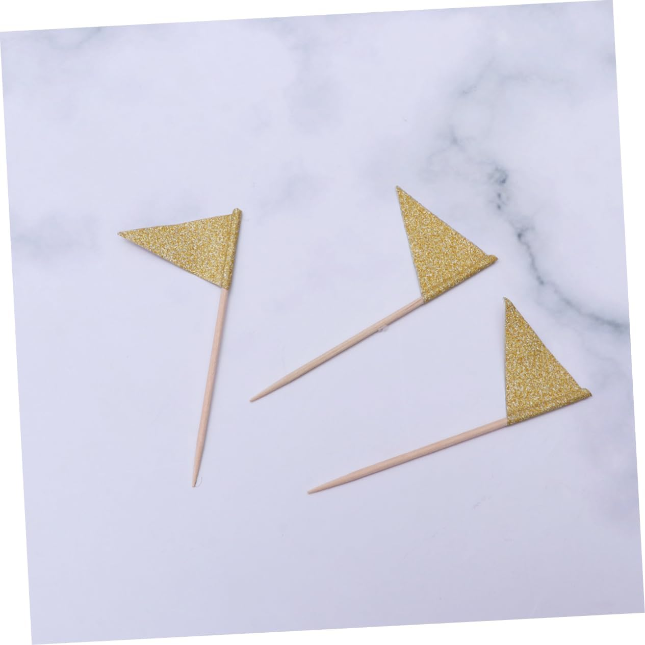 Amosfun 15Pcs Small Triangle Flag Cake Toppers Glitter Year Party Decorations Annual Meeting Layout Cake Fruit Dessert Insert