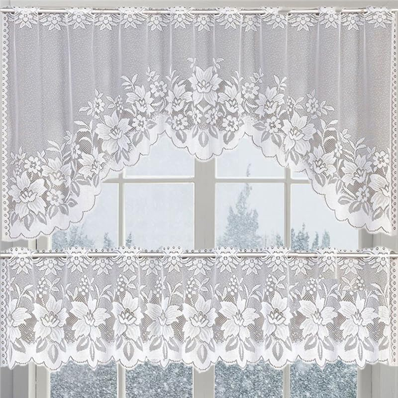 AIMALL 2PCS White Lace Kitchen Cafe Curtain Set Sheer Window Drapes with Scalloped Edge Elegant Home Decor 160Cm Wide Rod Pocket Panels for Living Room Bedroom Dining Room