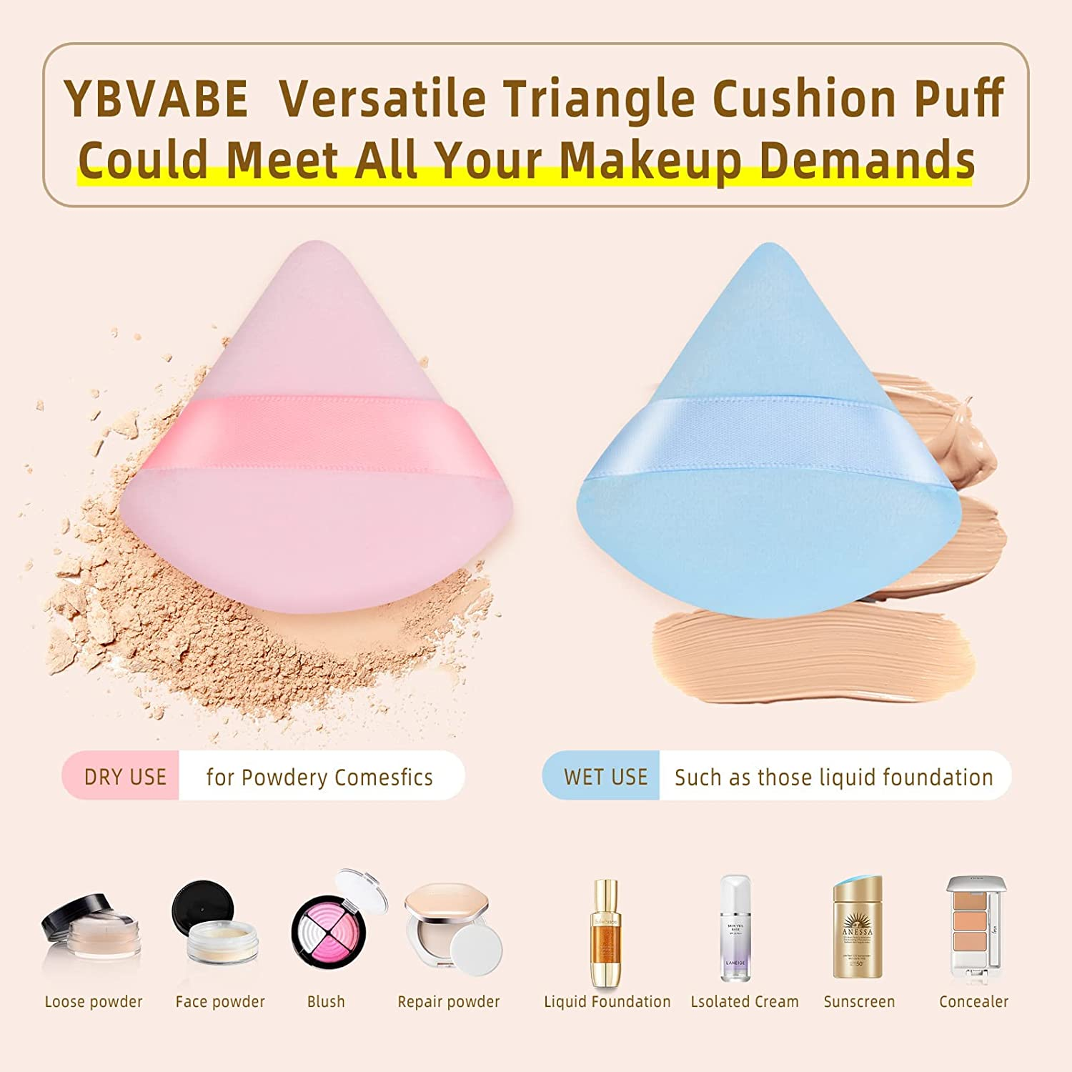 YBVABE 14Pieces Powder Puff, YBVABE 6Pcs round 8CM Makeup Puff and 8Pcs Velour Triangle Powder Puff , Reusable Face Sponge with Strap, Soft Face Beauty Puffs for Loose Powder Mineral Powder Body Cosmetic Foundation Makeup Tool image number 5