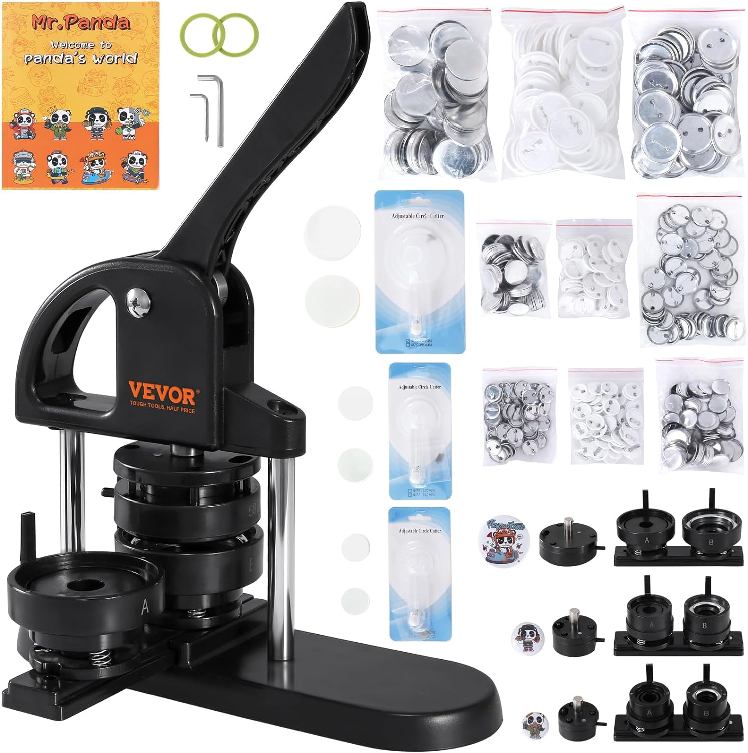 VEVOR Button Maker Machine, 1/1.25/2.28 Inch(25/32/58Mm) 3-In-1 Pin Maker, Installation-Free Badge Punch Press Kit, Button Making Supplies with 300Pcs Button Parts, Circle Cutter, Magic Book image number 2