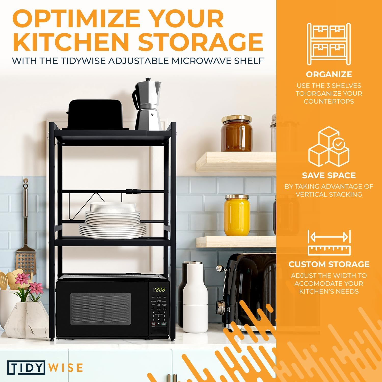 Expandable Microwave Oven Rack, 2 Tier Kitchen Countertop Shelf, Large Stand with Cutting Board Holder, 6 Hooks, Adjustable (Black-3 Tier)