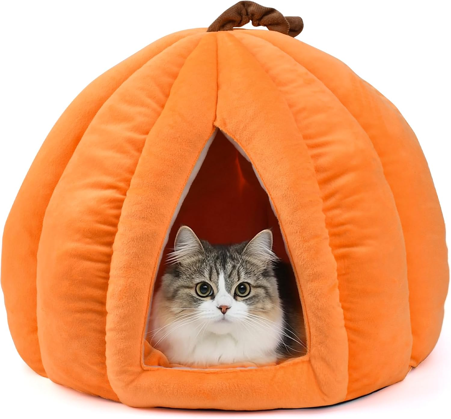 Cat Cave Bed, Removable Cushion Blankets,Soft Semi-Closed Pumpkin Shape Pet Bed, Cat House for Indoor Small, Medium Dogs and Cats, Sleeping Bag (Olive Green, M(2.5-5KG))