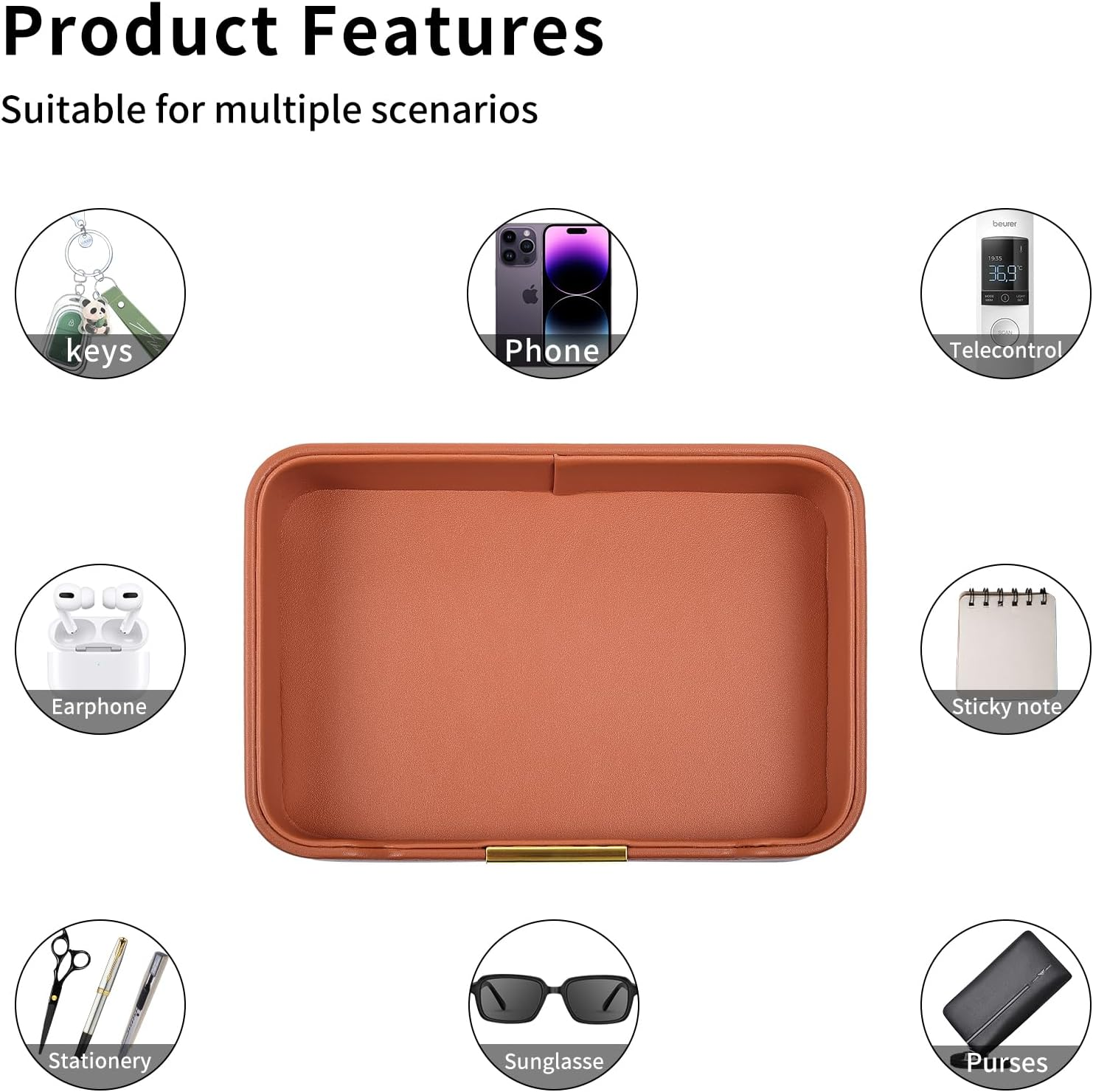RHCSZ Leather Desktop Storage,Small Catchall Organizer,Luxury Decorative Tray,For Entryway Table to Hold Jewelry,Watch,Keys,Phone,Wallet,Orange, Hardware Tray-01 image number 1