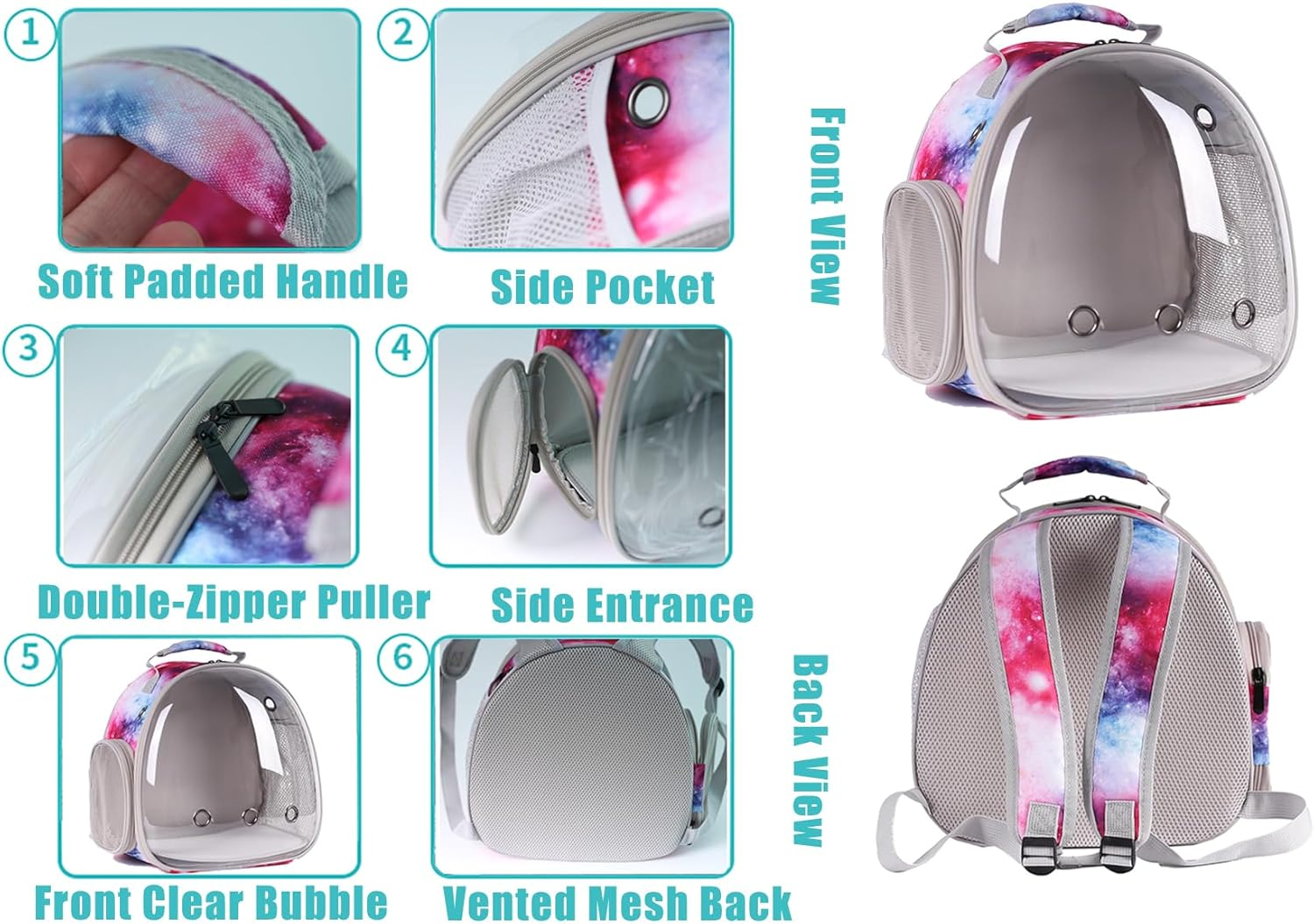 Pimoka Bunny Carrier Backpack with Space Capsule Clear Bubble Window - Portable Small Animal Backpack Travel Pet Carrier Galaxy for Guinea Pig Rabbit Bearded Dragon Rat Lizard Hamster (Galaxy Pink) - Blue image number 6