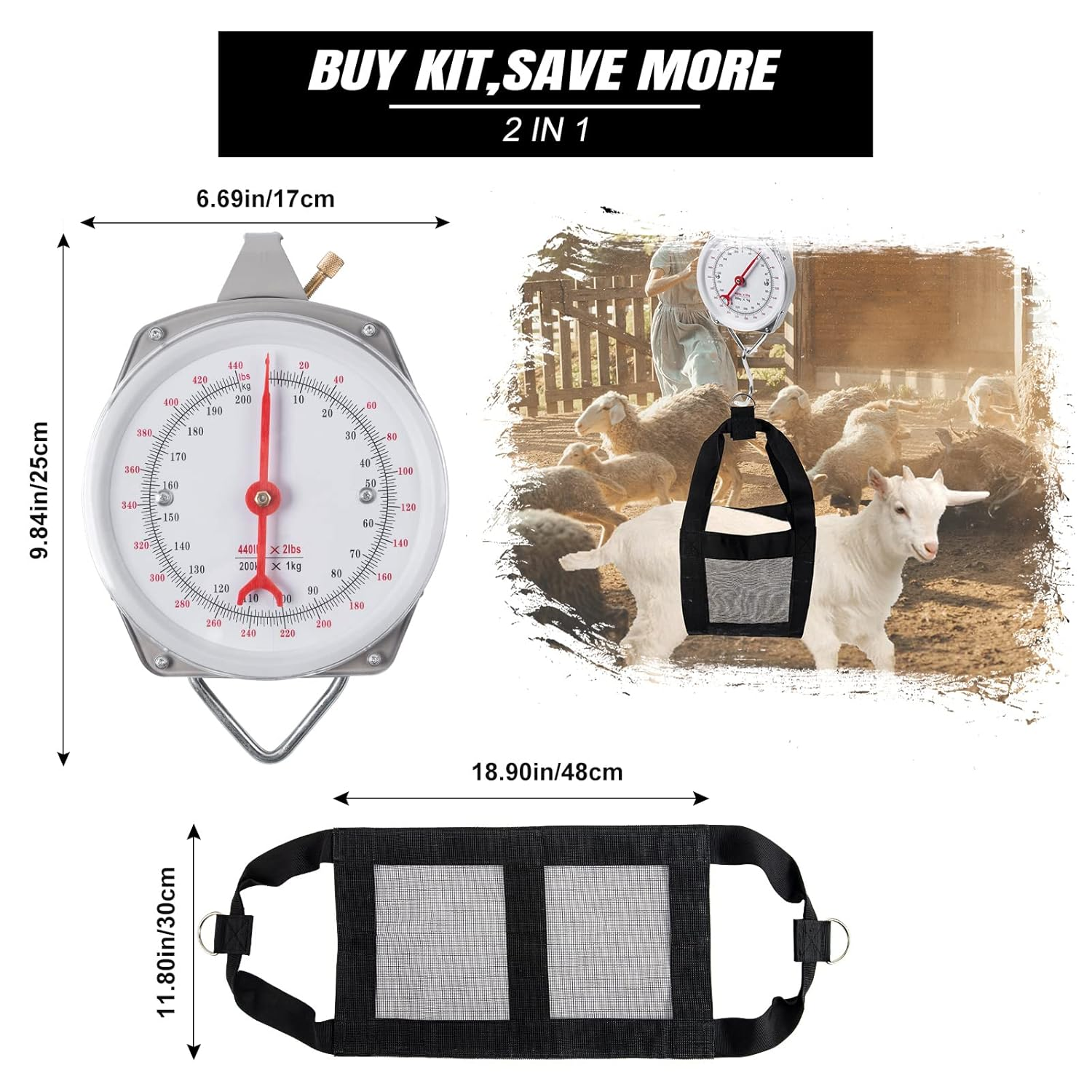 Mechanical Hanging Scales 440Lb/200Kg, Calf Sling and Hanging Weight Scale 2 in 1 Kit, Weighing Sling for Calves Lambs Goats Newborn Livestock Dogs, High Accuracy Spring Dial Weight Scale image number 2