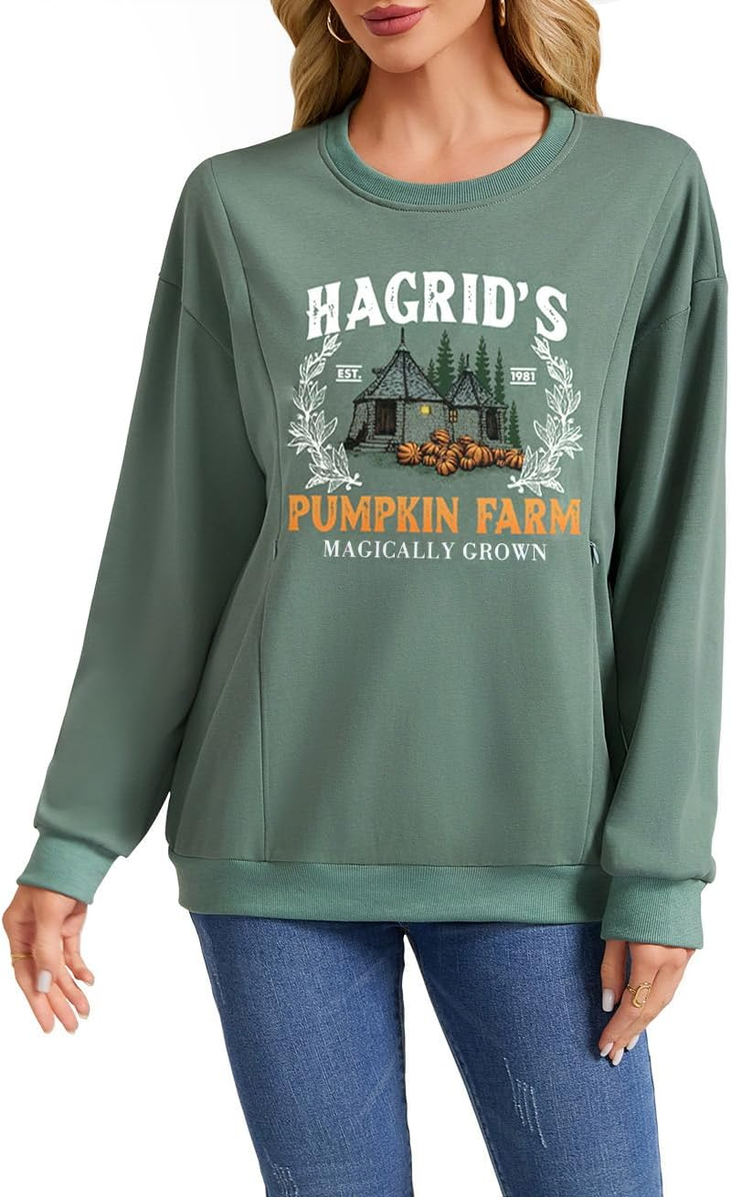Women Zipper Nursing Breastfeeding Sweatshirts Novelty Hagrid'S Pumpkin Farm Halloween Thanksgiving Pullover Tops image number 3