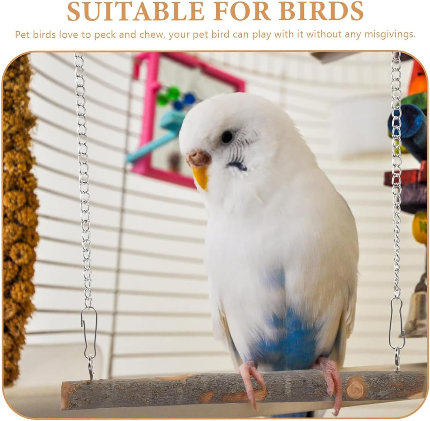 Lexziuo 1PCS Natural Wood Bird Cage Swing - Safe Chewing Perch Toy for Parakeets, Parrots & Cockatiels, Fun Training Stand with Wooden Beads for Budgies & Small Birds Interactive Play image number 4