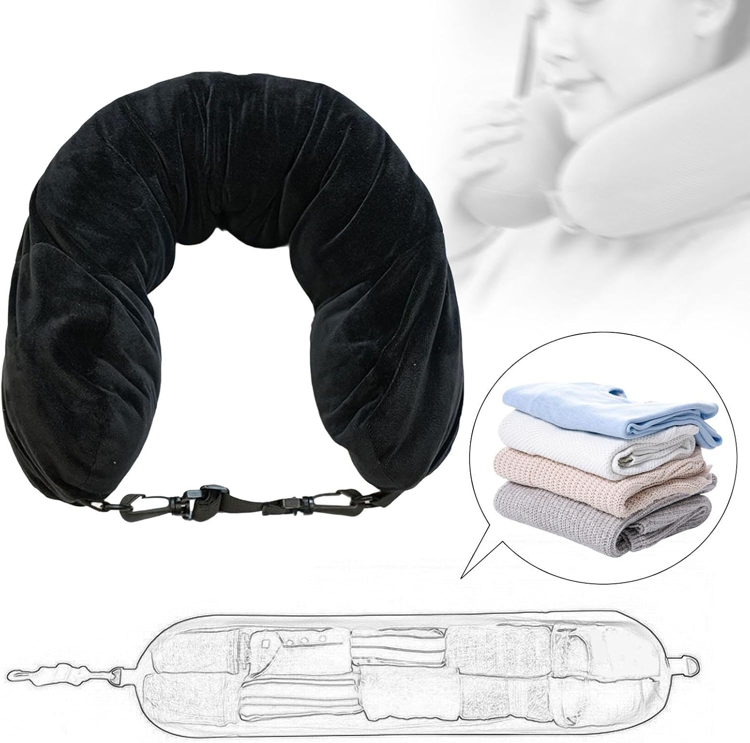 Baotyjie Travel Neck Pillow Stuffable Neck Pillow Case Cover,Carry on Luggage Soft, Fillable Travel Pillow, Storage Bag, Black - Black image number 5