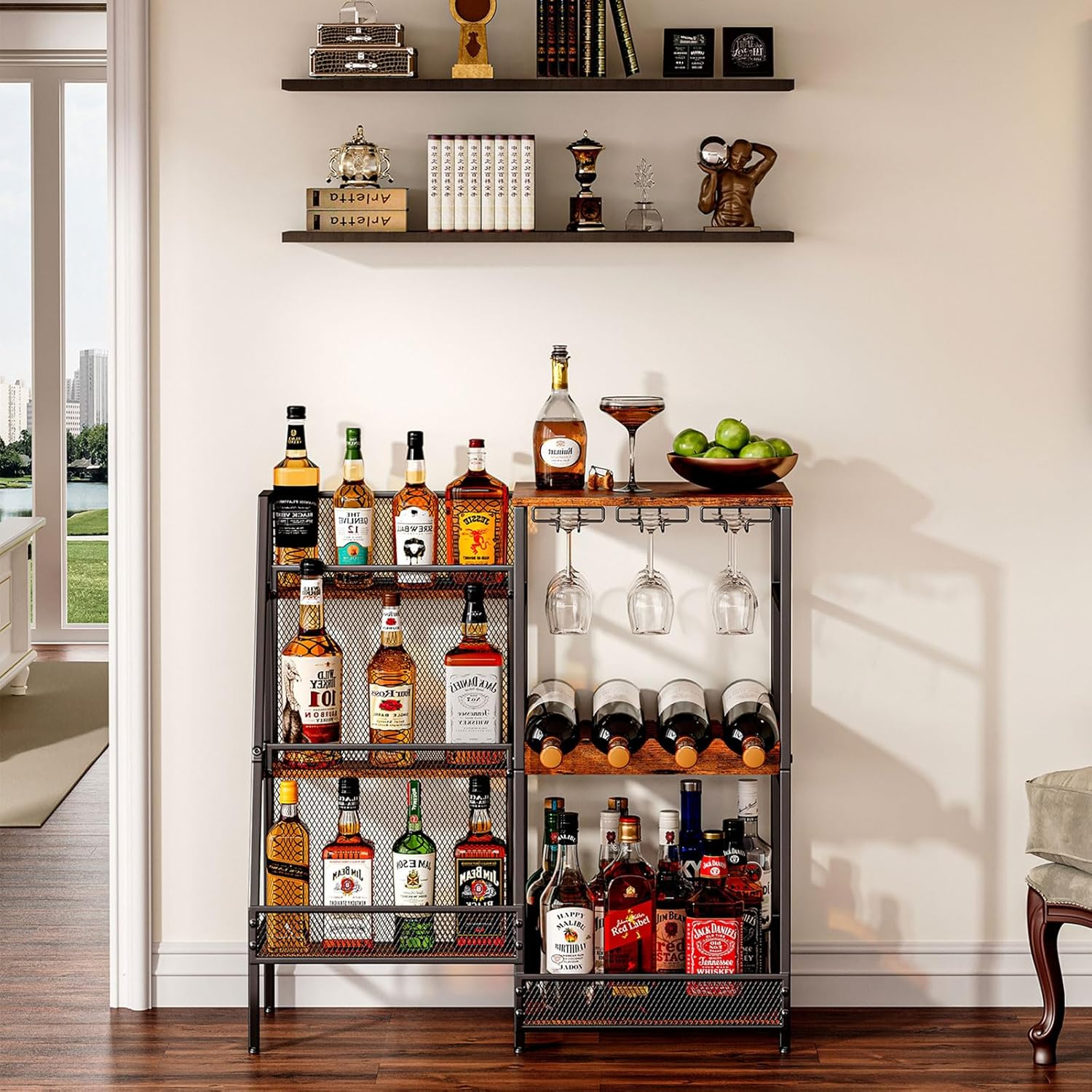 Versatile Liquor Stand for Home Bar, Wine Rack Freestanding Floor, Mini Bar Table for Liquor Whiskey Wine, 3-Tier Trapezoidal Liquor Bottle Display Shelf with Glass Holder and Fences(Patent Pending) image number 1