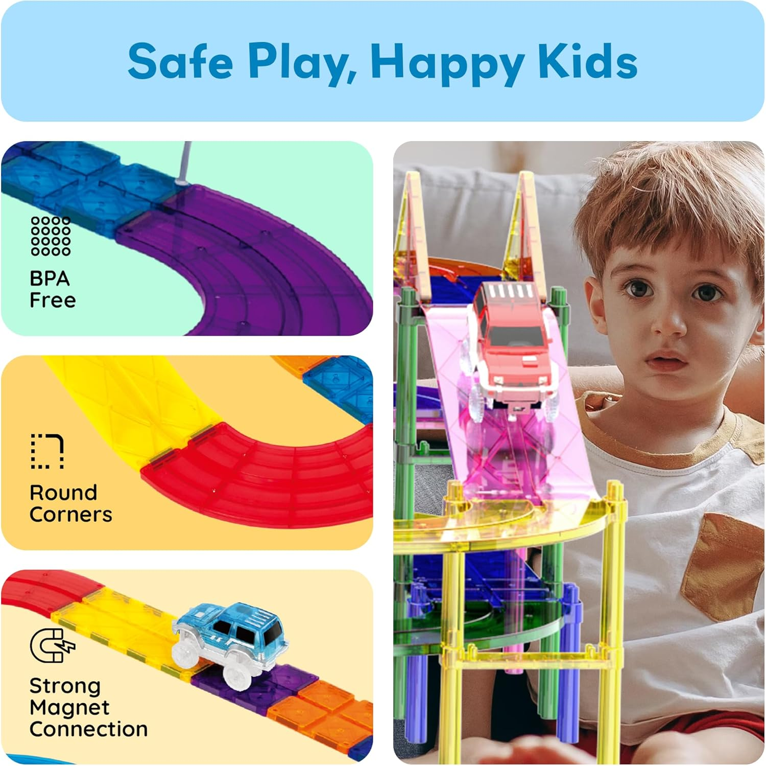 Picassotiles 100 Piece Race Car Track Building Blocks Educational Toy Set Magnet Tiles Block Playset 2 LED Cars STEM Learning Construction Building Kit Child Brain PTR100&hellip; image number 1