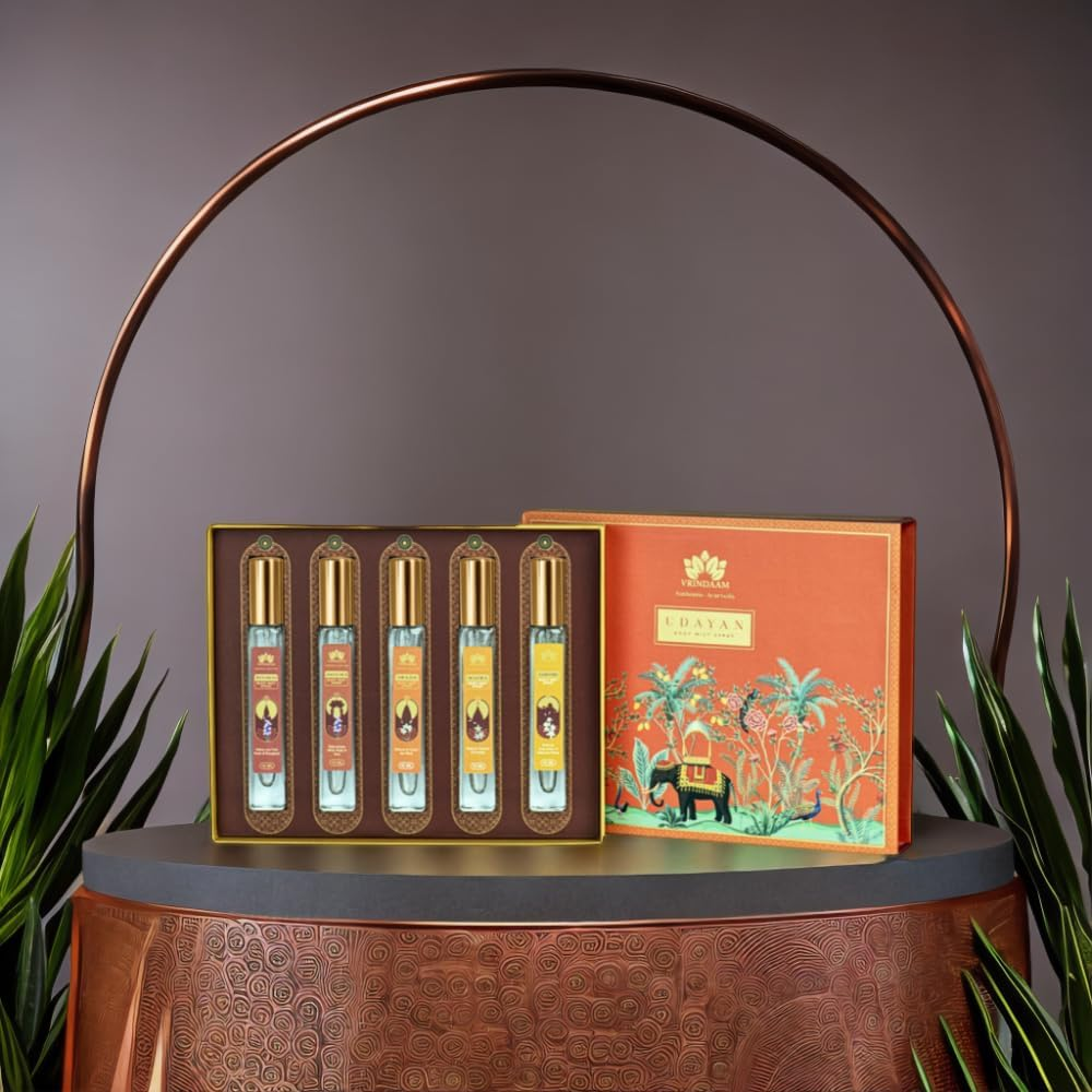 VRINDAAM Udayan Body Mist Gift Box for Women & Men | Perfect for Anniversary, Birthdays & Special Occasions | Fresh Lavender, Citrus Woody, Sweet Musky Scent | 5 Piece Gift Set (5X10Ml) (Heritage Gift