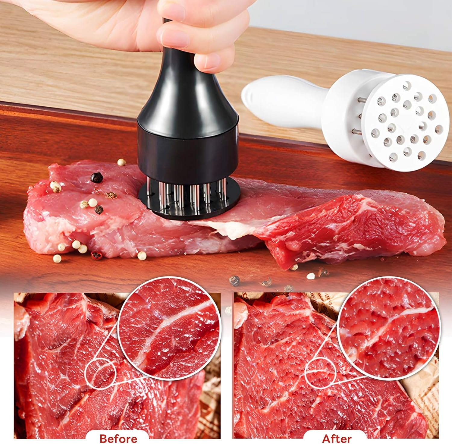 Stainless Steel Needle Blades Meat Tenderizer Tool with Ultra Sharp Profession Kitchen Gadgets Jacquard for Tenderizing and Cooking BBQ, Marinade, Steak, Beef, and Poultry (Black) - White image number 6