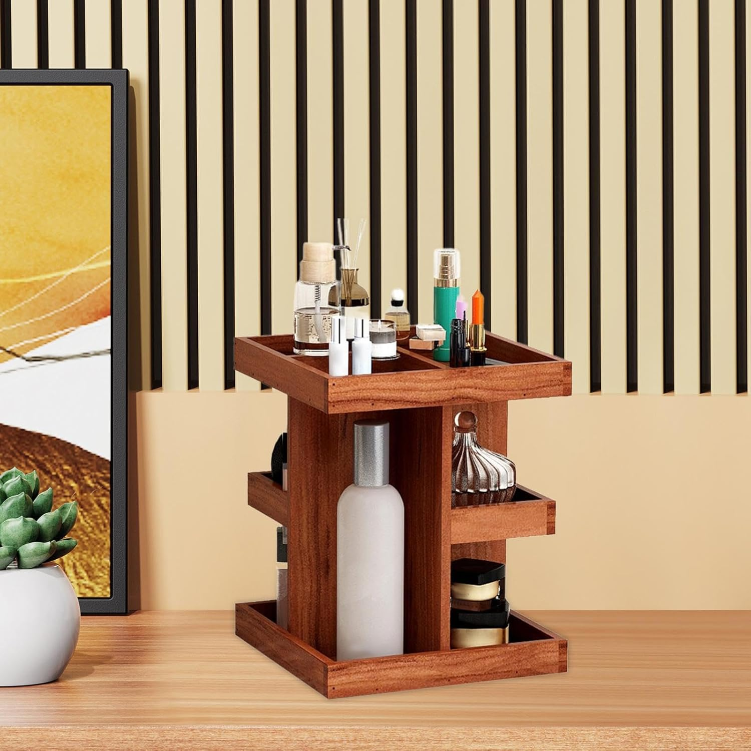 Kokiya Organizer Rotating Cosmetic Storage Box, Retro Design Cosmetic Rack, Wooden Makeup Holder for Home,Bathroom, image number 4