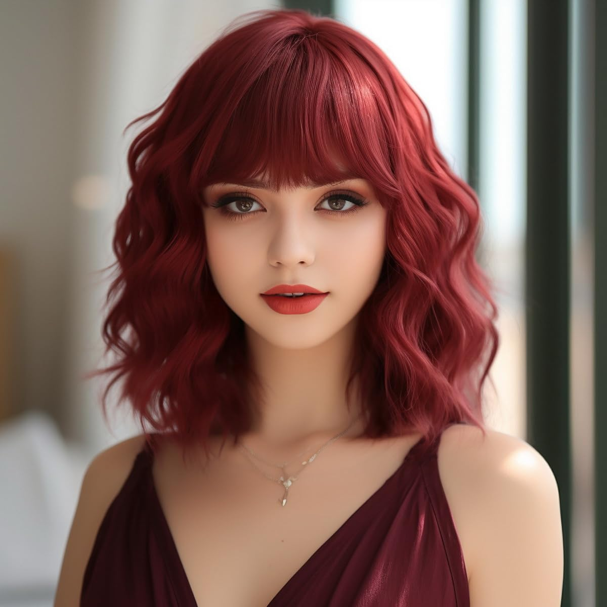BERRYLION Wigs for Women|Short Bob Wig with Bangs|Synthetic Wavy Bob Wig with Air Bangs (Wine Red)