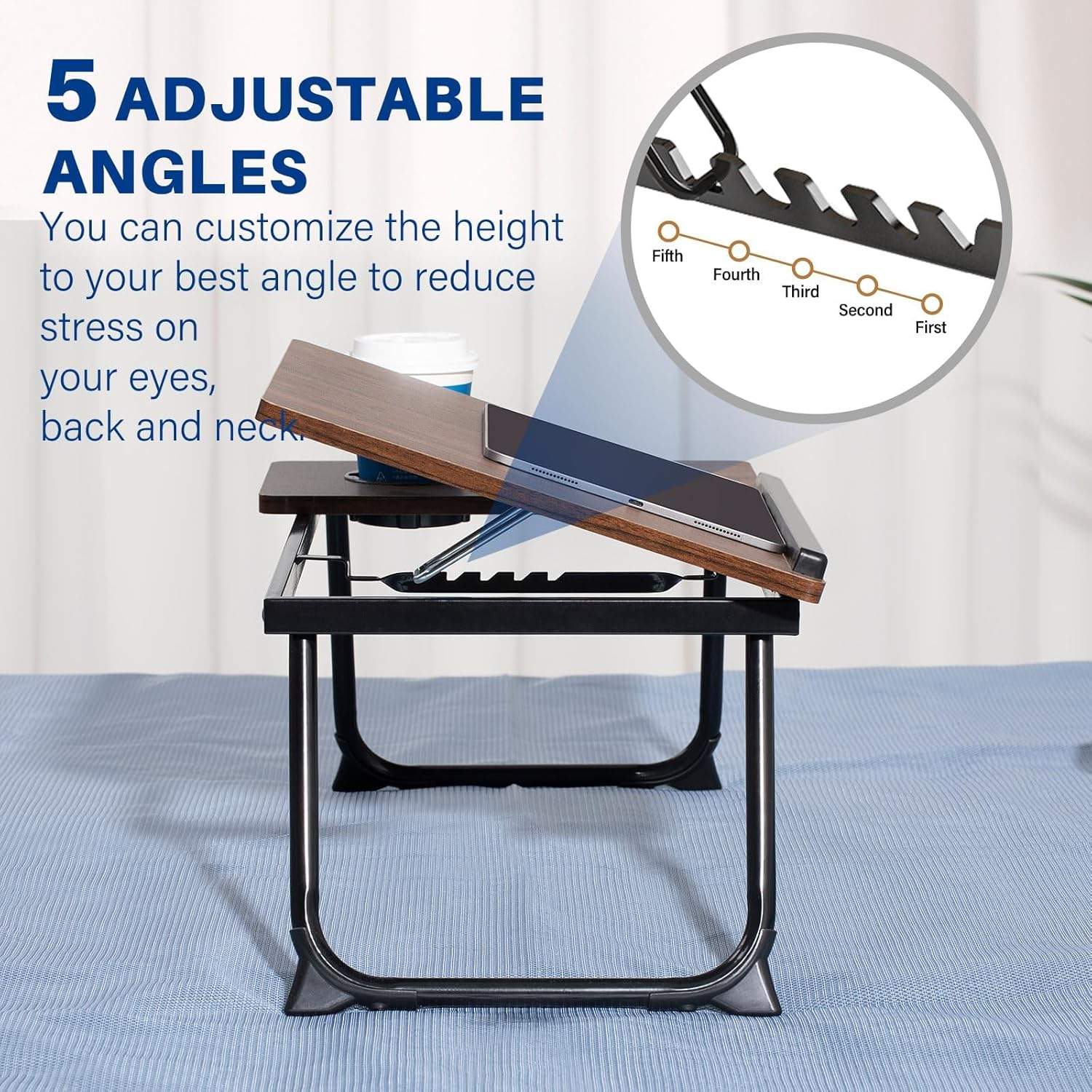 Laptop Table on Bed, Convenient 5-Speed Adjustable Folding Bed Table, Laptop Lap Table, Tray Table Is Suitable for Working, Reading, Writing, Eating and Playing Games on the Bed, Sofa and Floor.