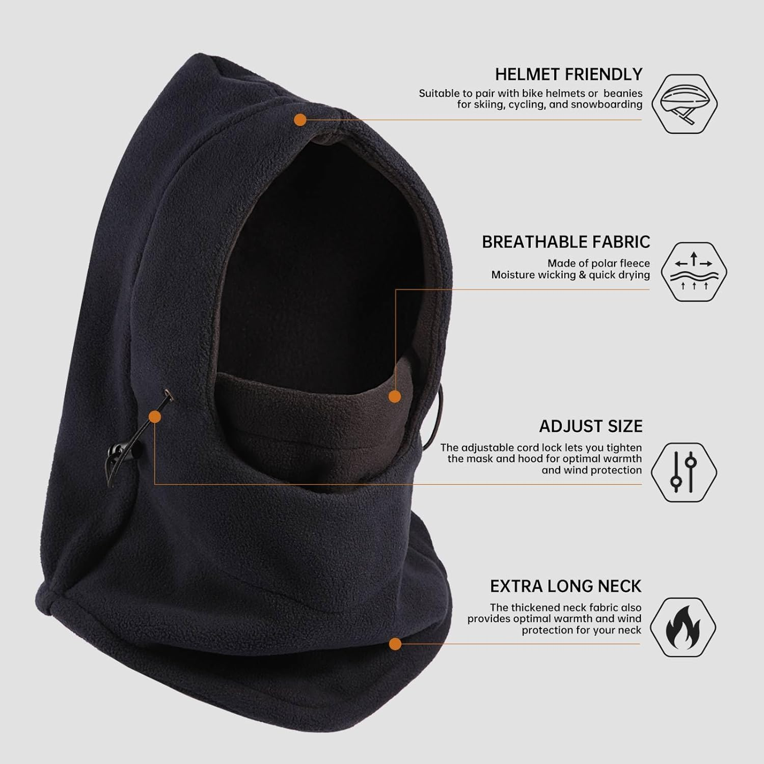 Balaclava Face Mask for Men Women: Thermal Polar Fleece Hood Windproof Ski Mask with Adjustable, Convertible Warm Face Cover Hat Scarf - Grey/Black image number 5