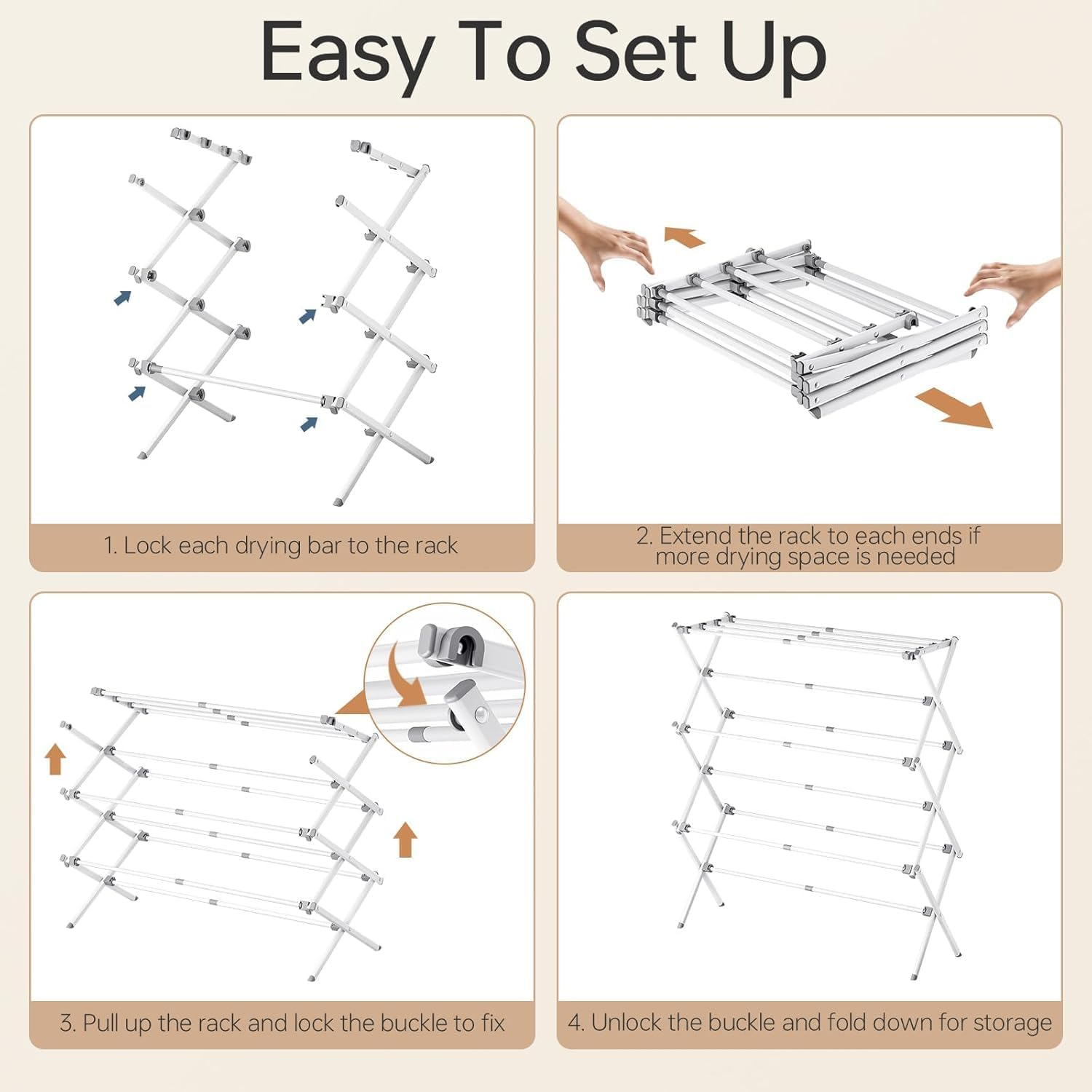 Jiaozoum Clothes Drying Rack, 3-Tier Laundry Drying Rack for Clothes, Expandable Metal Clothing Dryer, Scalable Folding Towel Rack, White image number 6