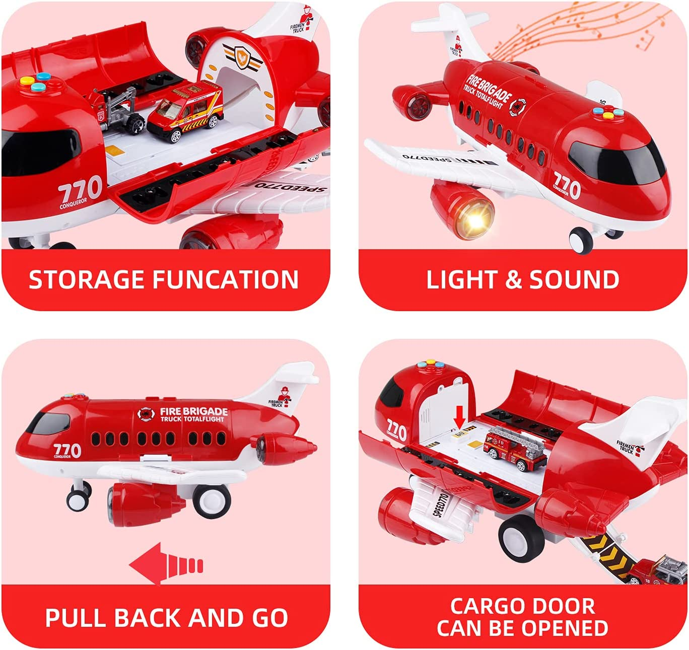 Jenilily Fire Engine Aeroplane Set, Emergency Rescue Plane Toy Cars Play Music Vehicles for 3 4 5 Years Old Boys Kids image number 5