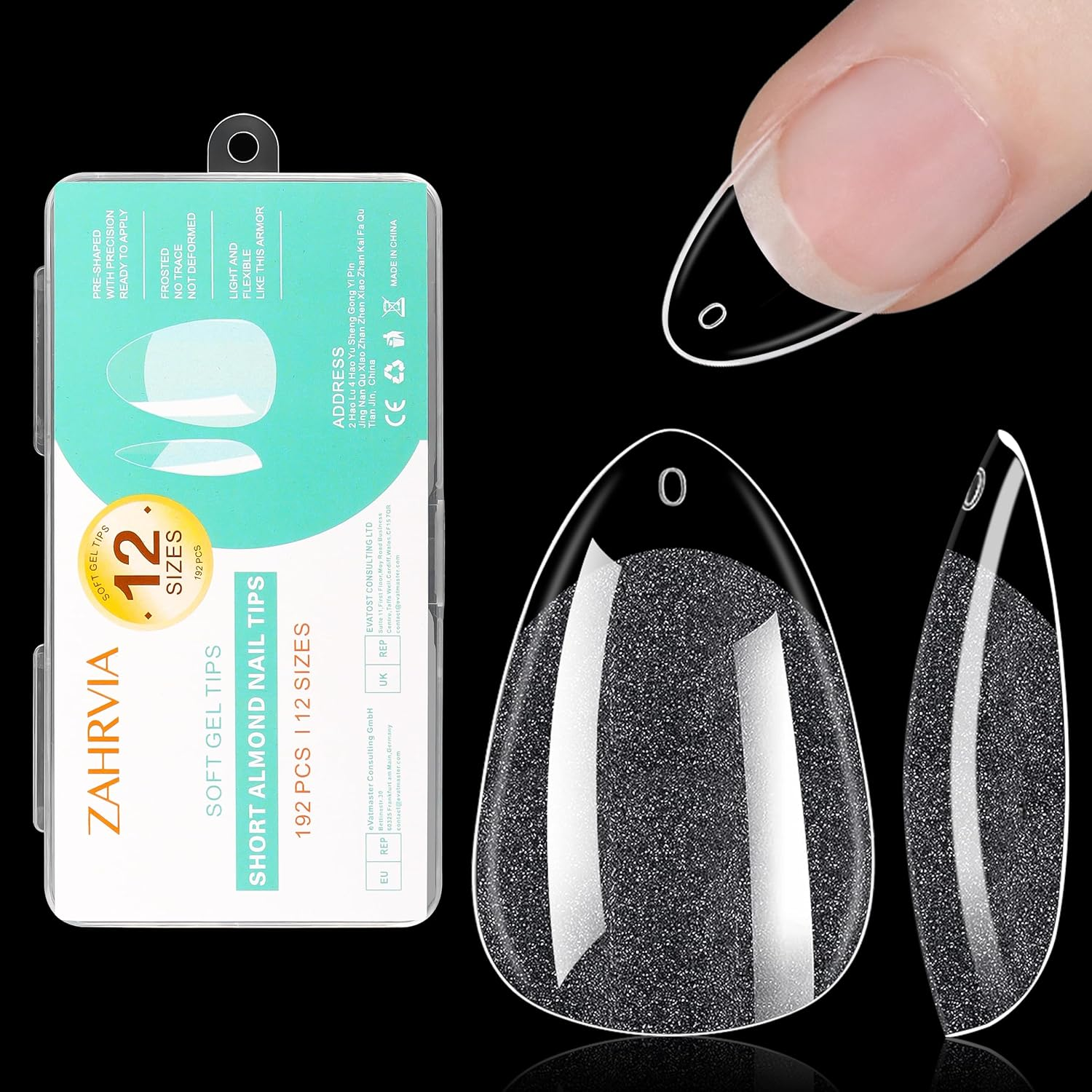 Short Almond Nail Tips - Clear Nail Tips, ZAHRVIA Soft Gel Full Cover for Soak off Nails Extensions Kit - 192PCS False Nails Acrylic12 Sizes (Short Almond) - 187 Ellipses image number 5