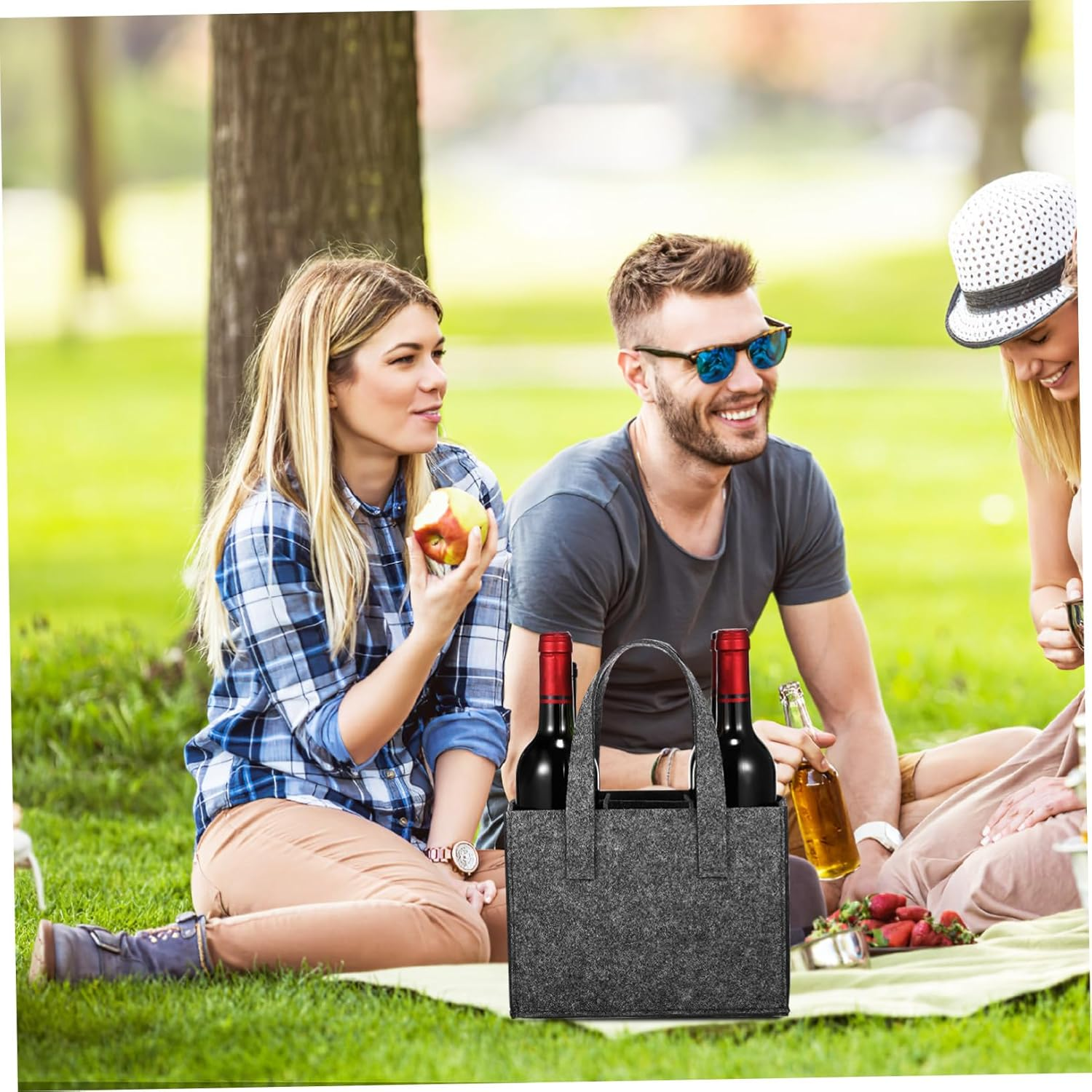 MAGICLULU Felt Wine Bottle Carrier Bag with Divider 6 Bottles Handbag Tote Medium Gray Thick Felt for Travel Camping Picnic 4Pcs image number 6