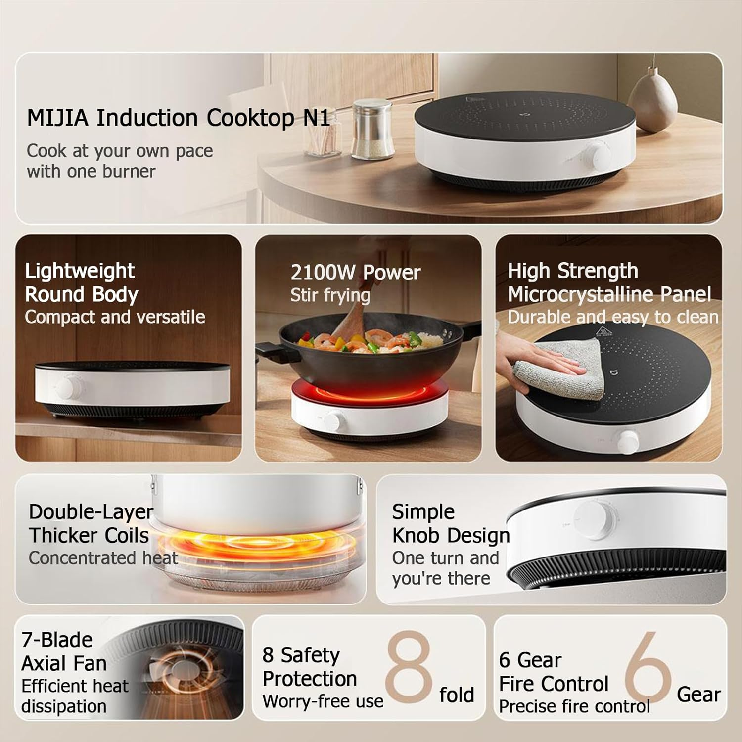 New XIAO MI MIJIA Induction Cooktop N1, 2100W Knob Electric Induction Cooker Hot Plate, 6-Gear Fire Adjustment Countertop Burner, Double-Layered Thicker Coils, 8 Safety Protection (AU Adapter) image number 6