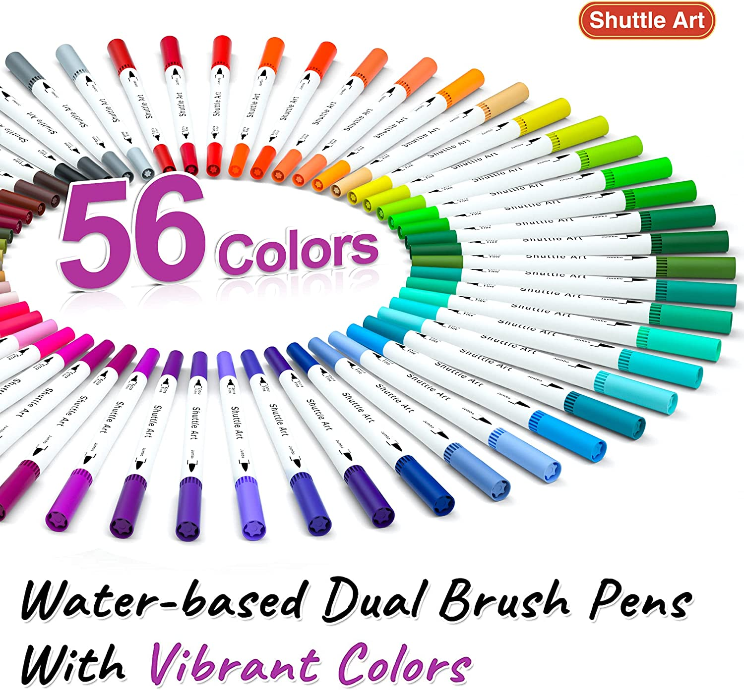 Shuttle Art Dual Tip Brush Pens, 56 Colours Brush Tip Drawing Markers with 0.4Mm Fineliner Markers Pens Set for Kids Adult Artist Calligraphy Hand Lettering Journal Doodling Writing image number 2