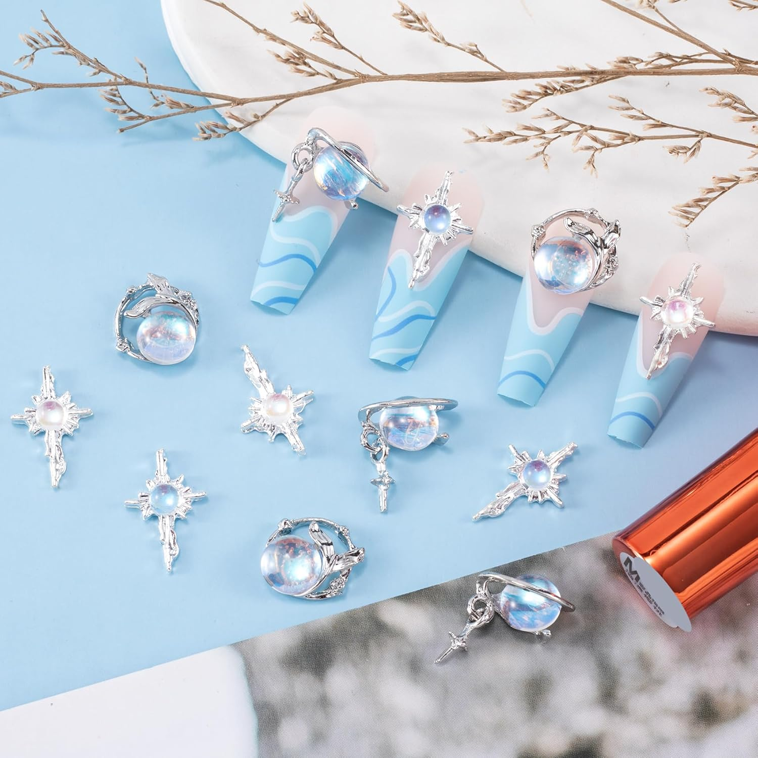 30Pcs 3D Planet Nail Charm Mermaid Eye Charm for Acrylic Nails Sliver Blue Alloy Cross Rhinestones Valentines Wedding Y2K Jewels Gems for Phone Cases Hair Clips