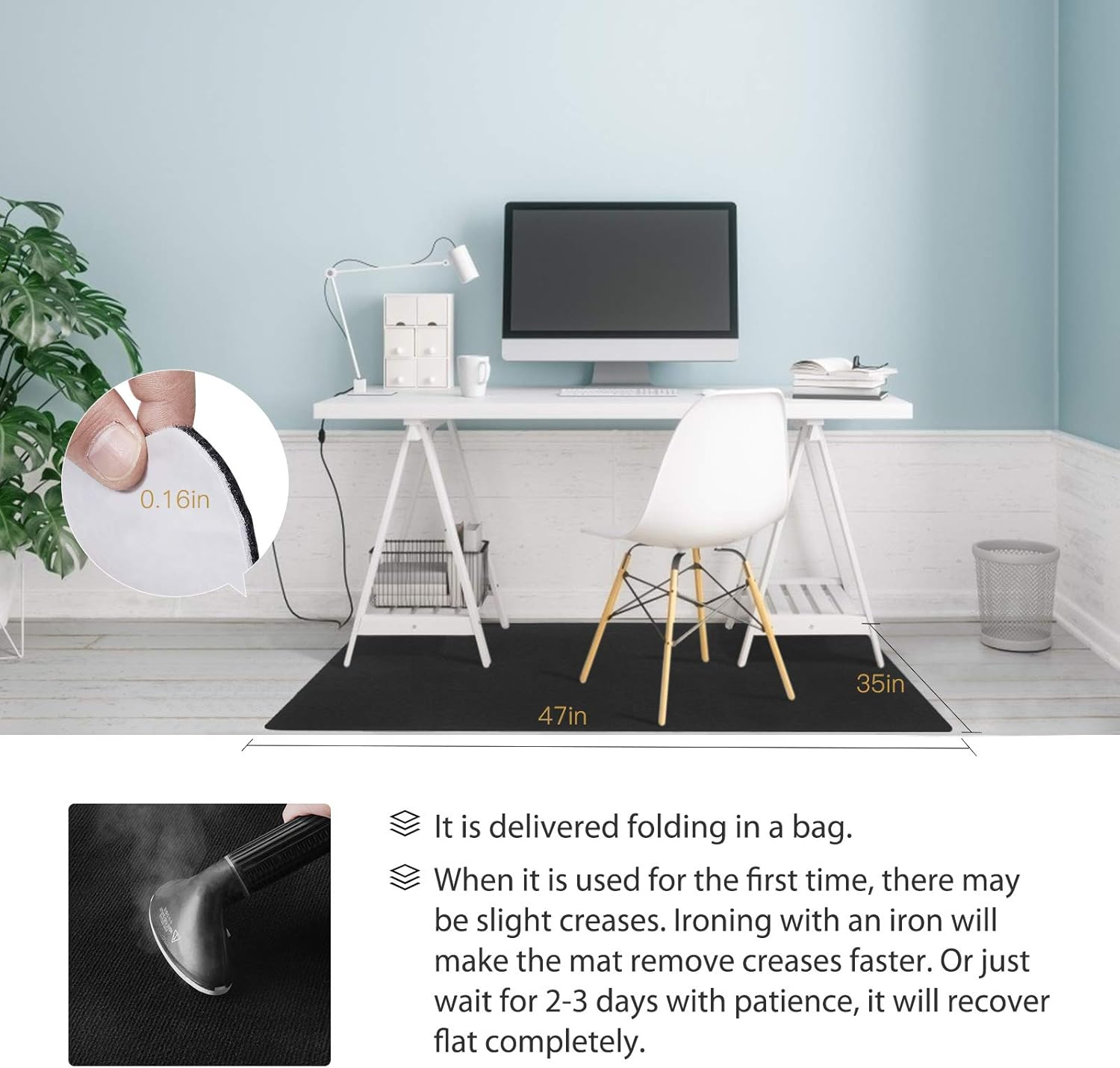 DELAM Office Chair Mat for Hardwood Floor & Tile Floor, under Desk Chair Mats for Rolling Chair, Computer Chair Mat for Gaming, Large Anti-Slip Floor Protector Rug, Not for Carpet, 47"X35", Black image number 2