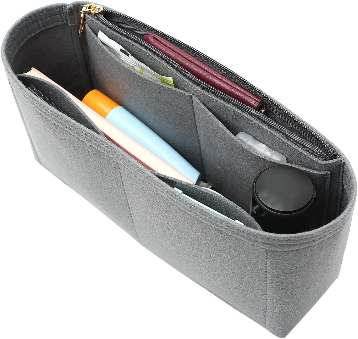 Surblue Purse Organizer Insert for Handbags, Felt Bag Organizer with Zippers Handbag Shaper Pouch for Classic 19 Flap Bag, Marmont, Onthego,（Grey, Slender M） image number 6