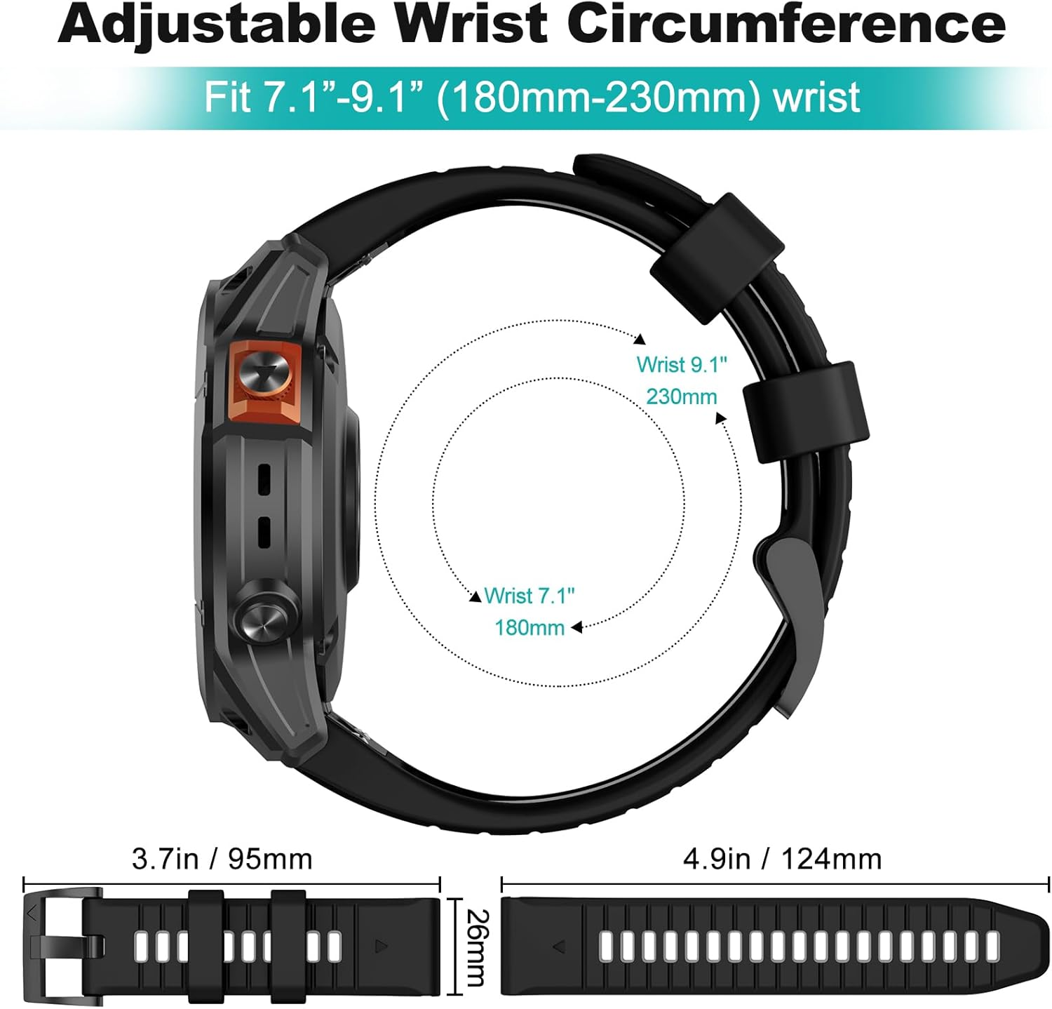 OVERSTEP Compatible with Fenix 7X Bands, 26Mm Width Soft Silicone Replacement Strap for Fenix 7X Pro/Fenix 6X/ Fenix 5X/ Fenix 3 Smartwatch - Black Red image number 3