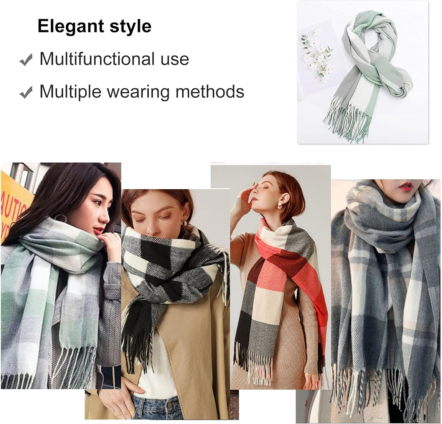 Women Tartan Scarf - Winter Long Scarves Plaid Warm Wraps Wool British Style for Ladies Spinning Tassel Shawl Long Stole image number 6