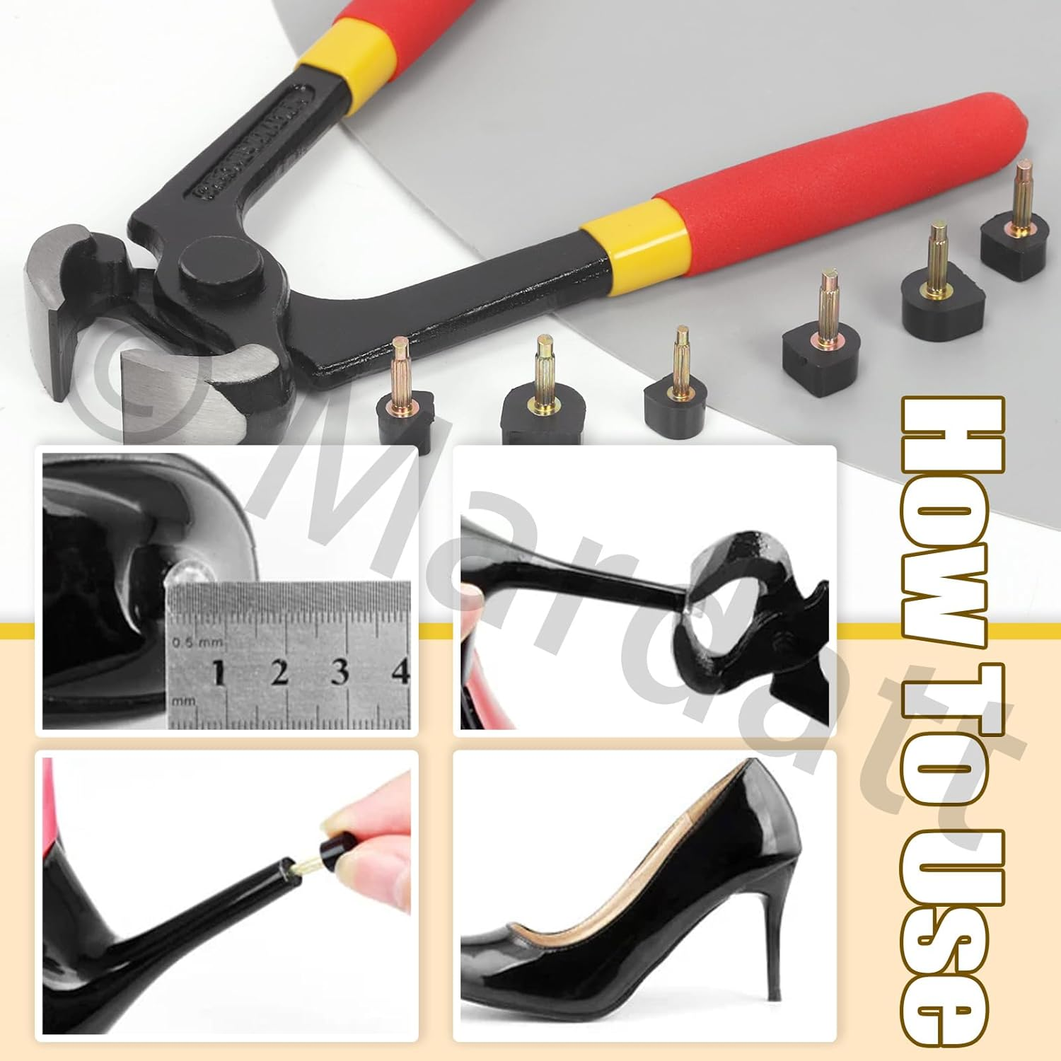 30 Pairs 5 Sizes High Heel Replacement Tips Pin Kit with 6" Heel Caps Remove Pliers, 8/9/10/11/12Mm 2 Pins Diameter U Shape Dowels Heel Tips Shoes Heel Repair for Women image number 2