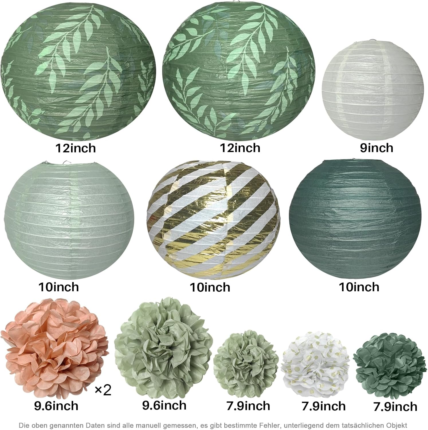 Pack of 12 Paper Lanterns Set Party Decoration in Green, Pink, Gold & White round Paper Lanterns Pompoms for Bride, Lampshade, Birthday Party, Engagement, Wedding, Party image number 6