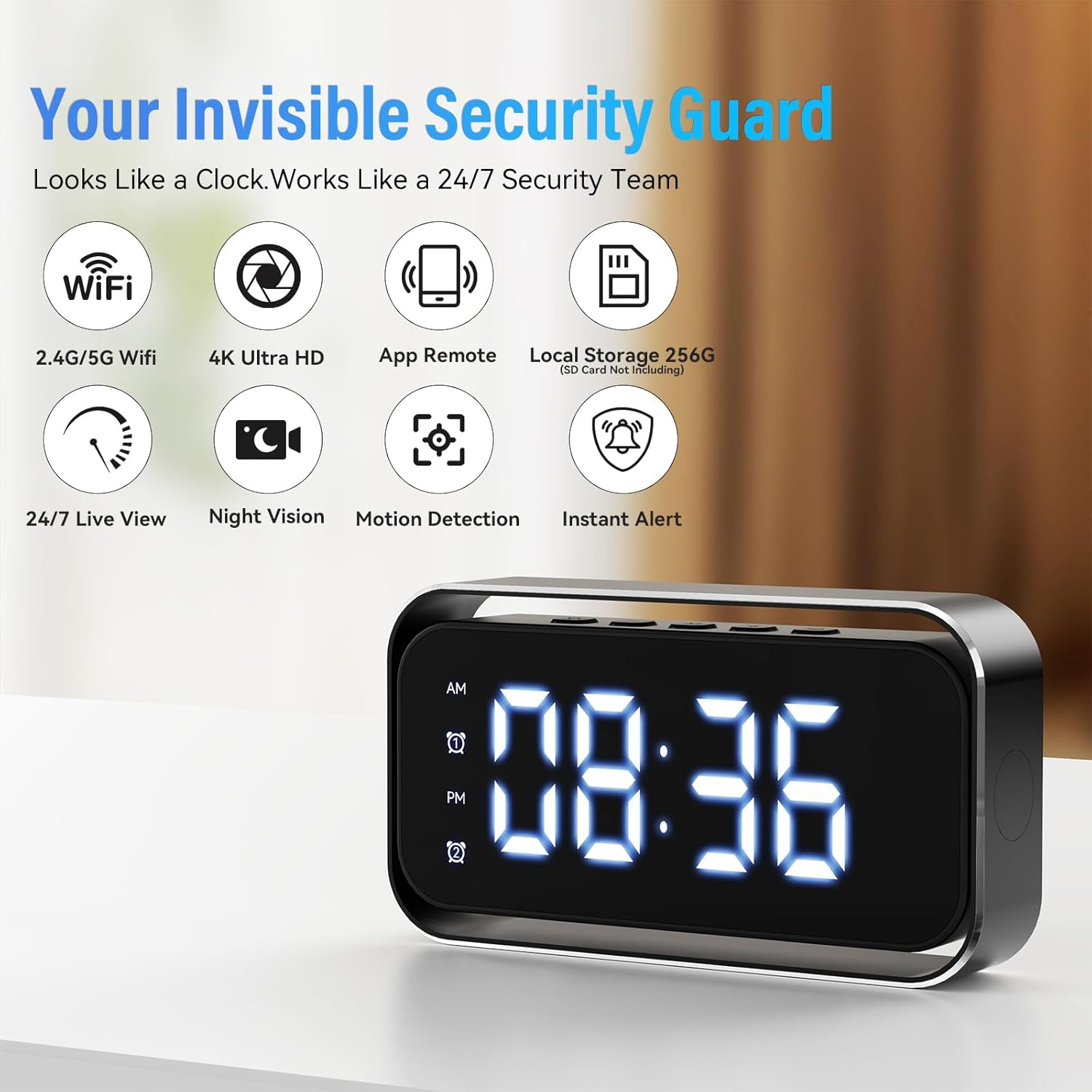 Tccbac 4K HD Hi/Dden S/Py Camera Clock - Wifi Wireless Indoor Security Camera with 150&deg; Wide Angle Lens, Night Vision, Motion Detection, N/Anny Cam for Home/Office Surveillance image number 3