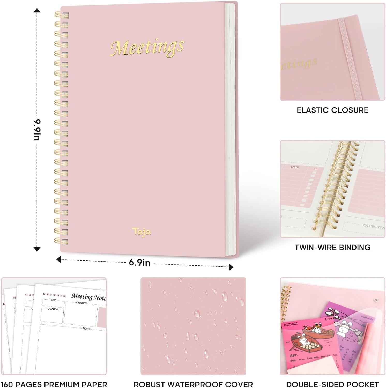 Meeting Notebook for Work Organization - Work Planner Notebook with Action Items, Agenda Planner for Note Taking, 160Pages (6.9" X 9.9") Project Planner for Men & Women - Pink image number 2