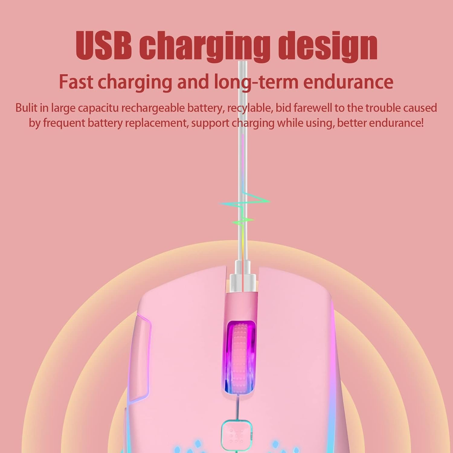 VEGCOO Gaming Mouse, Wireless Mouse Rechargeable Honeycomb Wireless Gaming Mouse with RGB Light/Usb Receiver/Usb Cable/Adjustable DPI, Optical Gaming Mice Mouse for Laptop PC Computer(Pink) image number 4