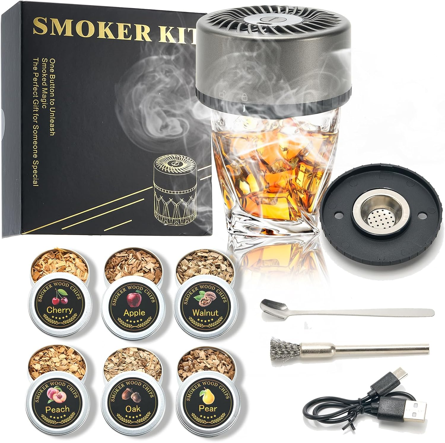 Electric Whiskey Smoker Kit with 4 Light Modes, Rechargeable Cocktail Smoker, 6 Wood Chips, No Butane Required, Christmas/Birthday Gifts for Men, Dad, Husband image number 2