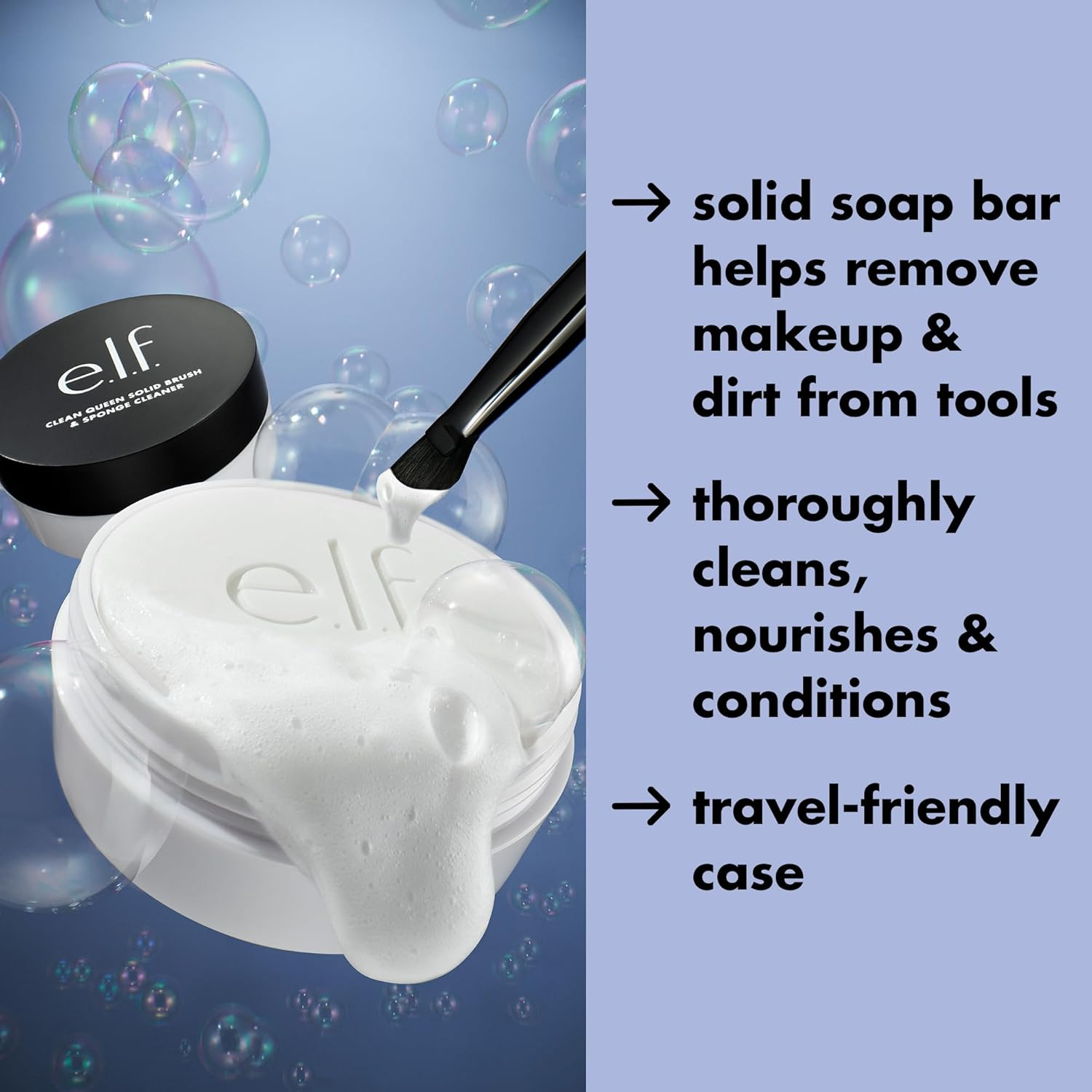 E.L.F. Clean Queen Solid Brush & Sponge Cleaner, Cleanses Face & Eye Makeup Brushes & Sponges, Nourishing, Non-Damaging Formula, Vegan & Cruelty-Free image number 2