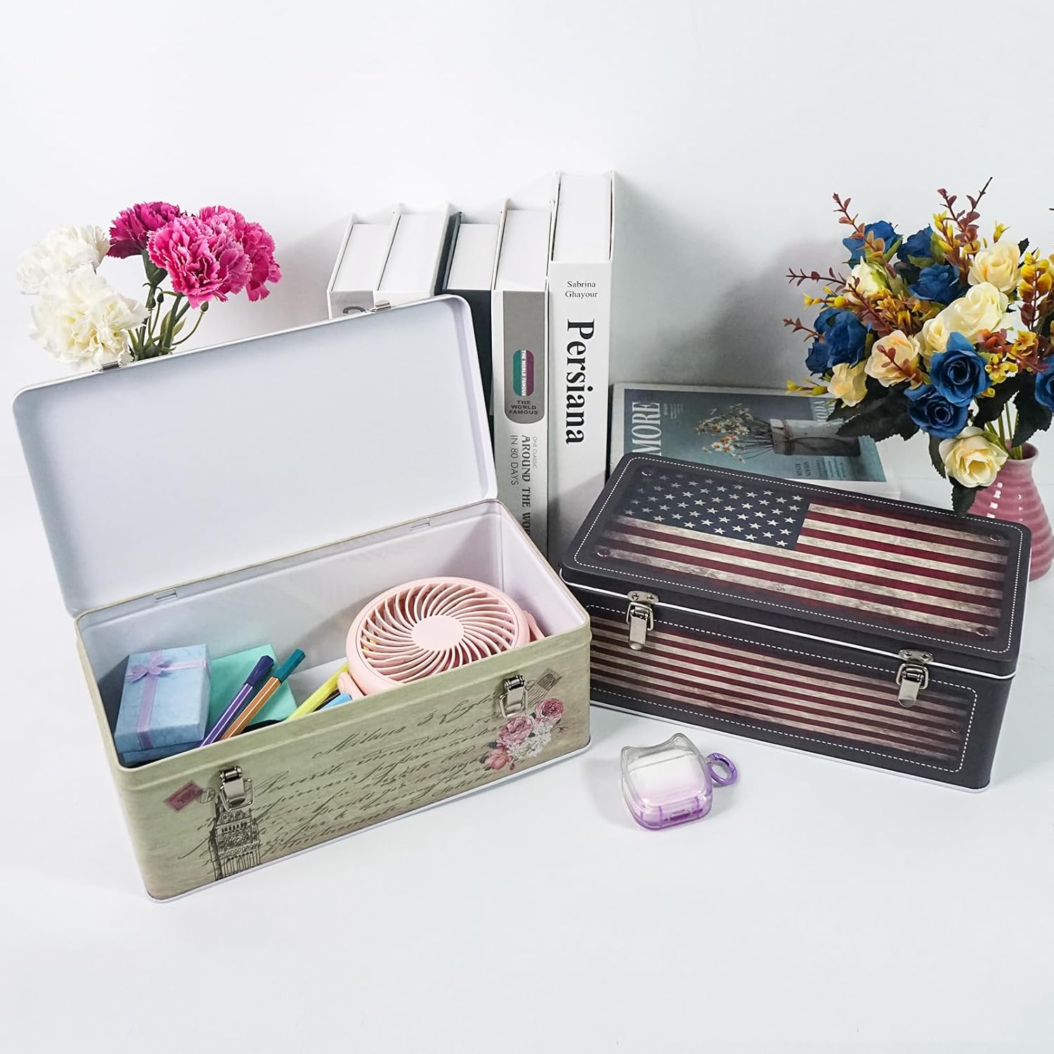 Dreamseden Tin Metal Keepsake Box Set of 2 - Small Storage Box with Lid 11.5&rsquo;&rsquo;L, Vintage Decorative Memory Case Gift Boxes for Keepsakes Letter Photos Seed Tea Coffee image number 3