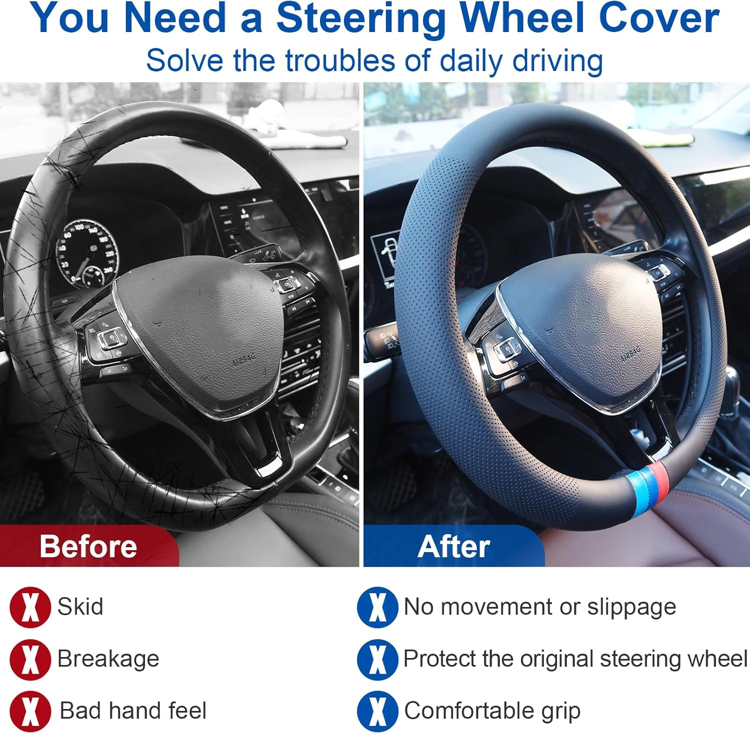 Nappa Leather Car Steering Wheel Cover for 14-15 Inches, Anti-Slip Soft Leather Steering Wheel Cover Full Surround, Universal Breathable O-Shaped, D-Shaped Steering Wheel Protector (3 Color-O Shaped) image number 4