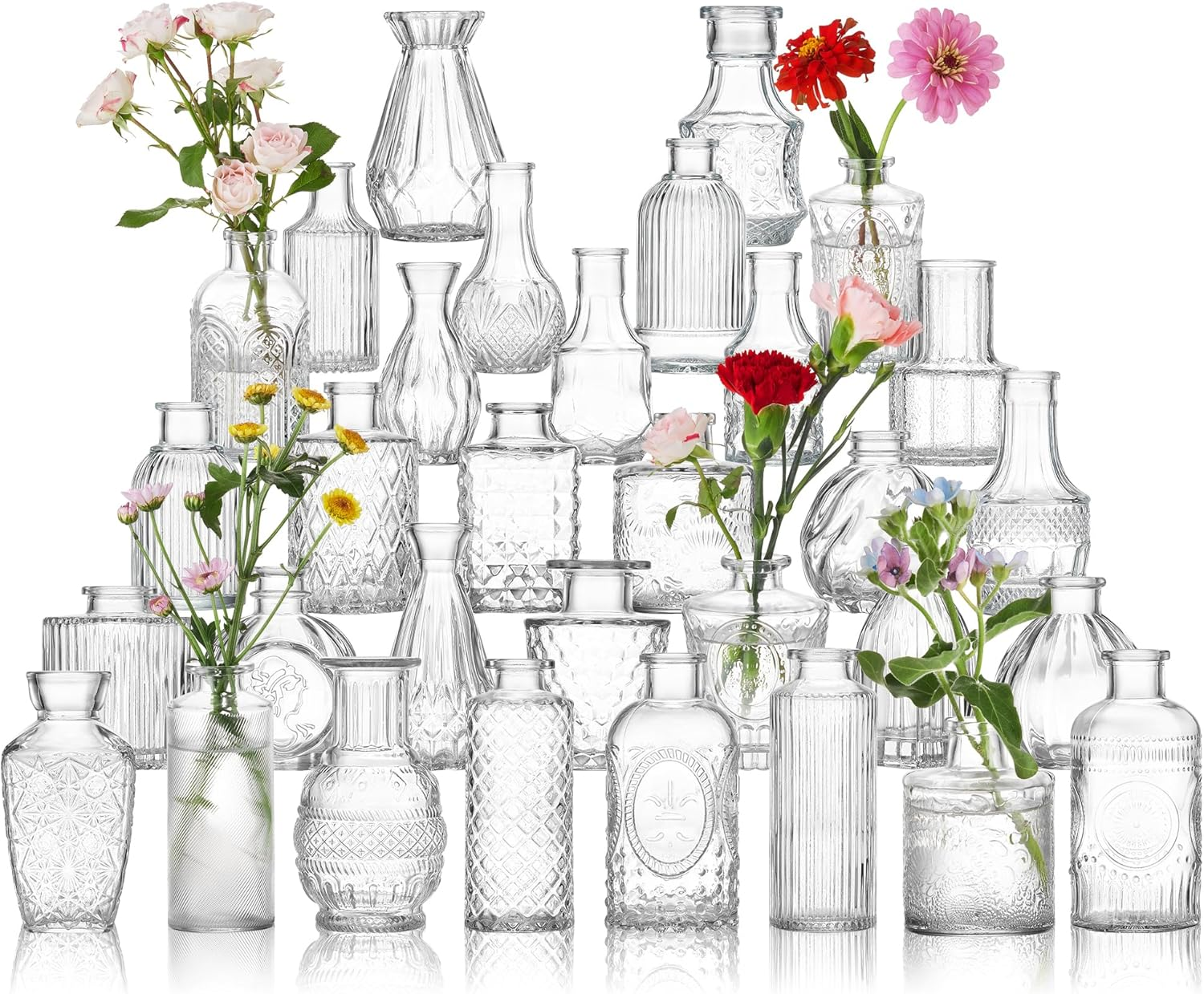 Unbreakable Glass Bud Vase Set of 32 Pcs, Vintage Clear Small Glass Vases for Flowers, Glass Bud Vases in Bulk, Mini Vase for Centerpieces, Wedding, Home Decor and Events