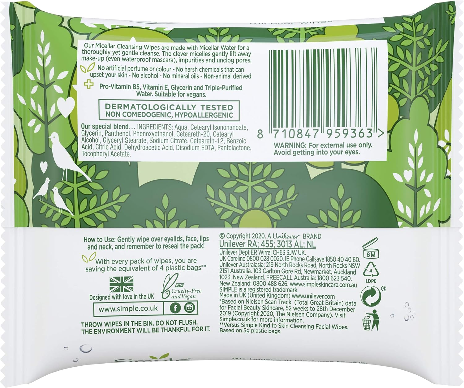 Simple Kind to Skin Biodegradable Wipes, Micellar Face Wipes, 40 Pack