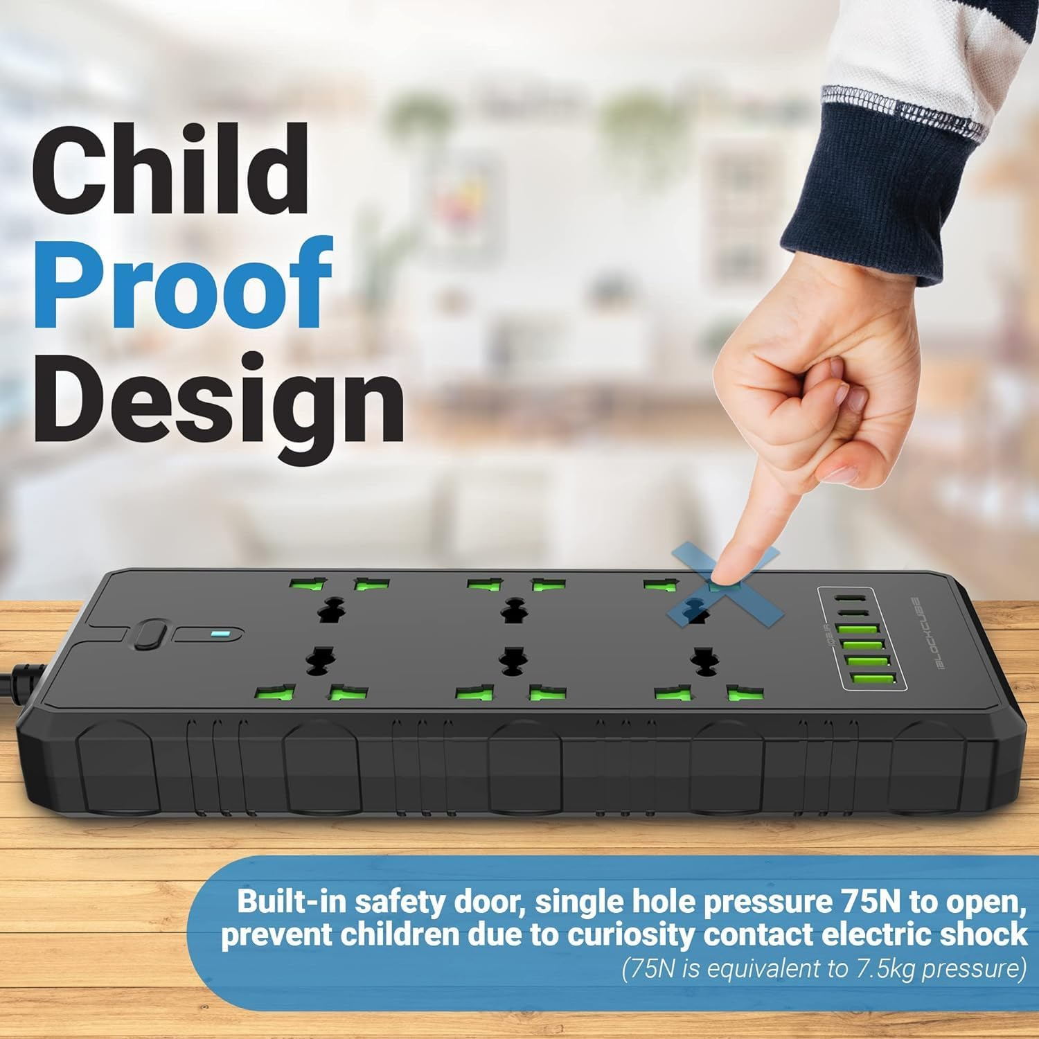 Iblockcube Extension Lead with 3 USB Slots | 2 Meter Cable Cord Power Strip, 3 Way Universal Socket | Smart Charging Station Hub, Individually Switched, Surge Protected, and Wall Mount UK Plug (Black) image number 2