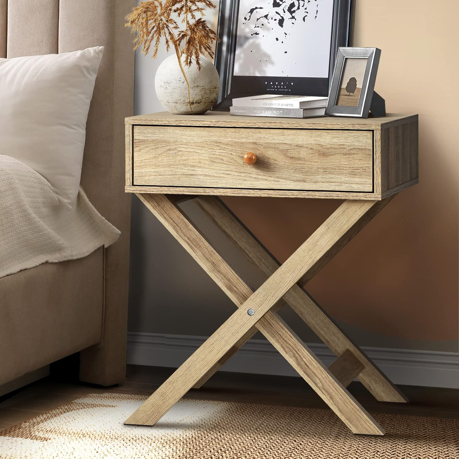 Oikiture Bedside Table with Drawer and Storage Space Side Table Nightstand Home Bedroom Furniture White