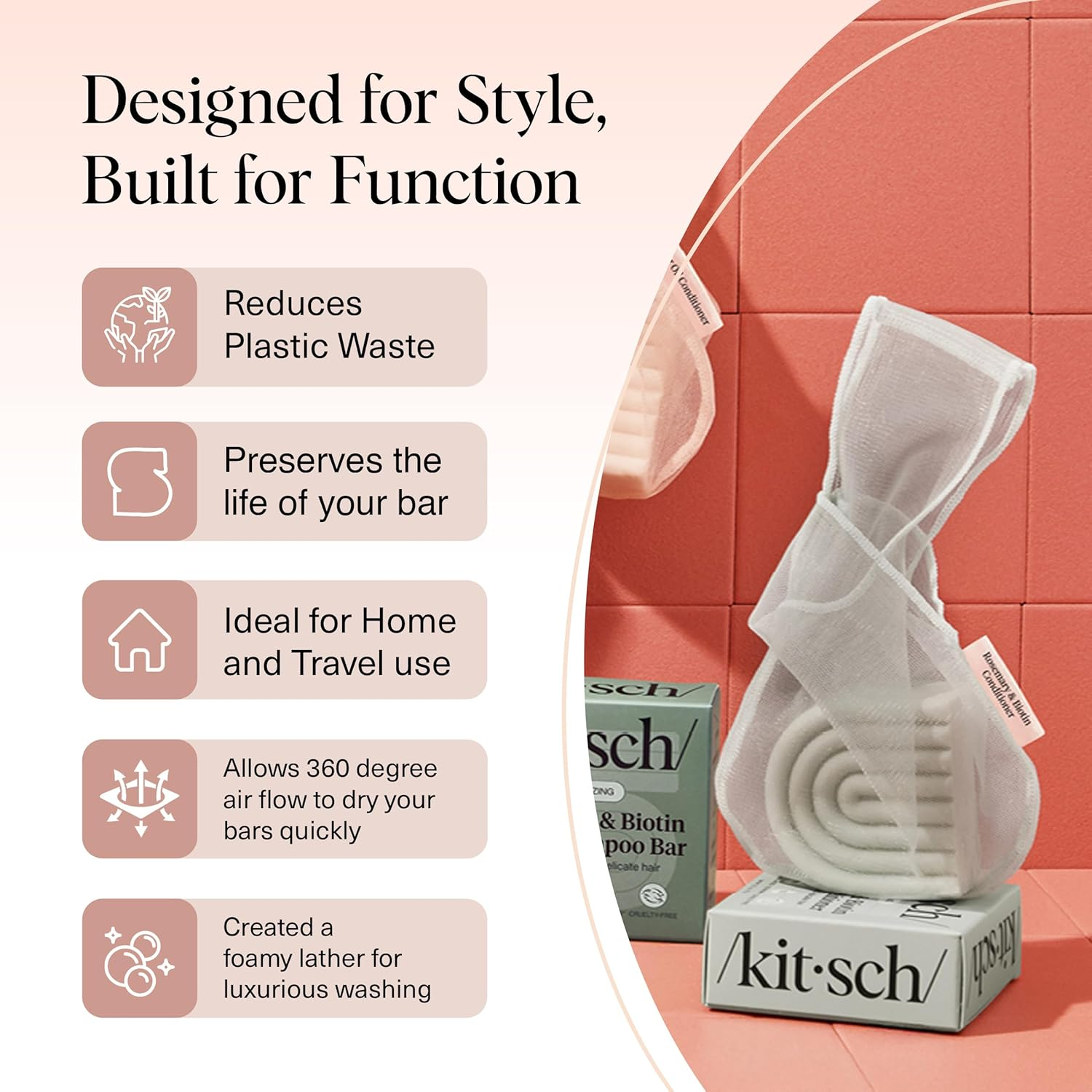 Kitsch Bar Soap Saver Bag - Patented Mesh Bag Soap Holder for Rosemary & Biotin Conditioner Bar with Tag Identifier - Extends Use & Prevents Soggy Mess - Recycled Mesh Beauty Pouch, Eco-Friendly image number 5