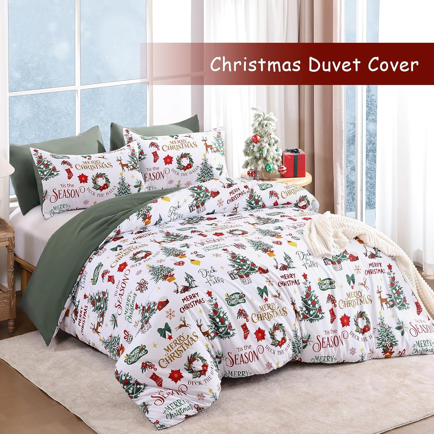 Christmas Duvet Cover Set Queen Wreath Christmas Tree Poinsettia Bedding Set, 3 Piece Soft Microfiber Rustic Green White Winter Holiday Duvet Cover Festival Decor (Zipper Closure,90''X90'') image number 7