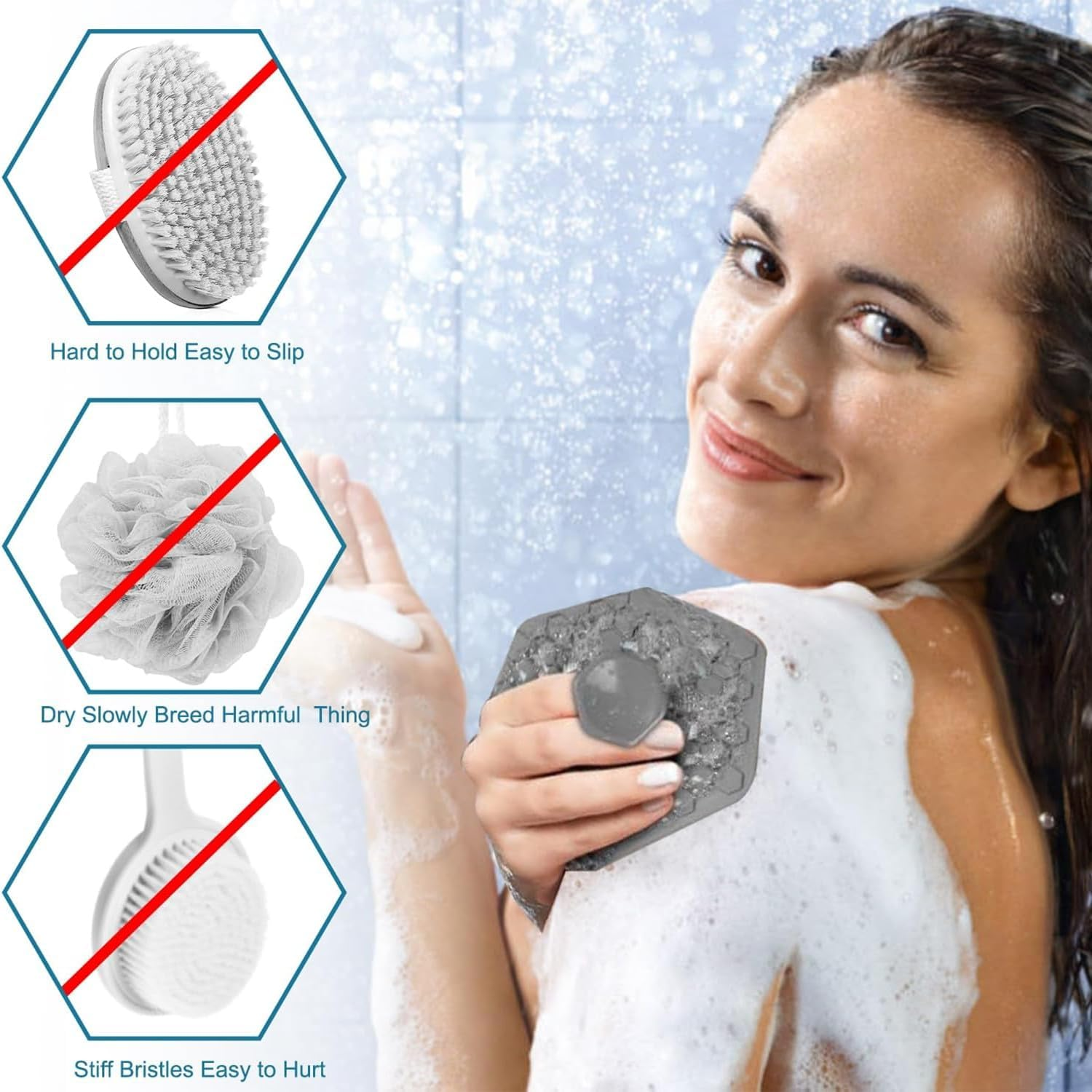 2 PCS Silicone Body Scrub, Soft Silicone Massage Pad with 2 Hooks Wall Mounted Back Scrubber Foot Scrubber Body Cleansing Brush Easy Grip Brush for All Kinds of Skin (Grey, Black) image number 5