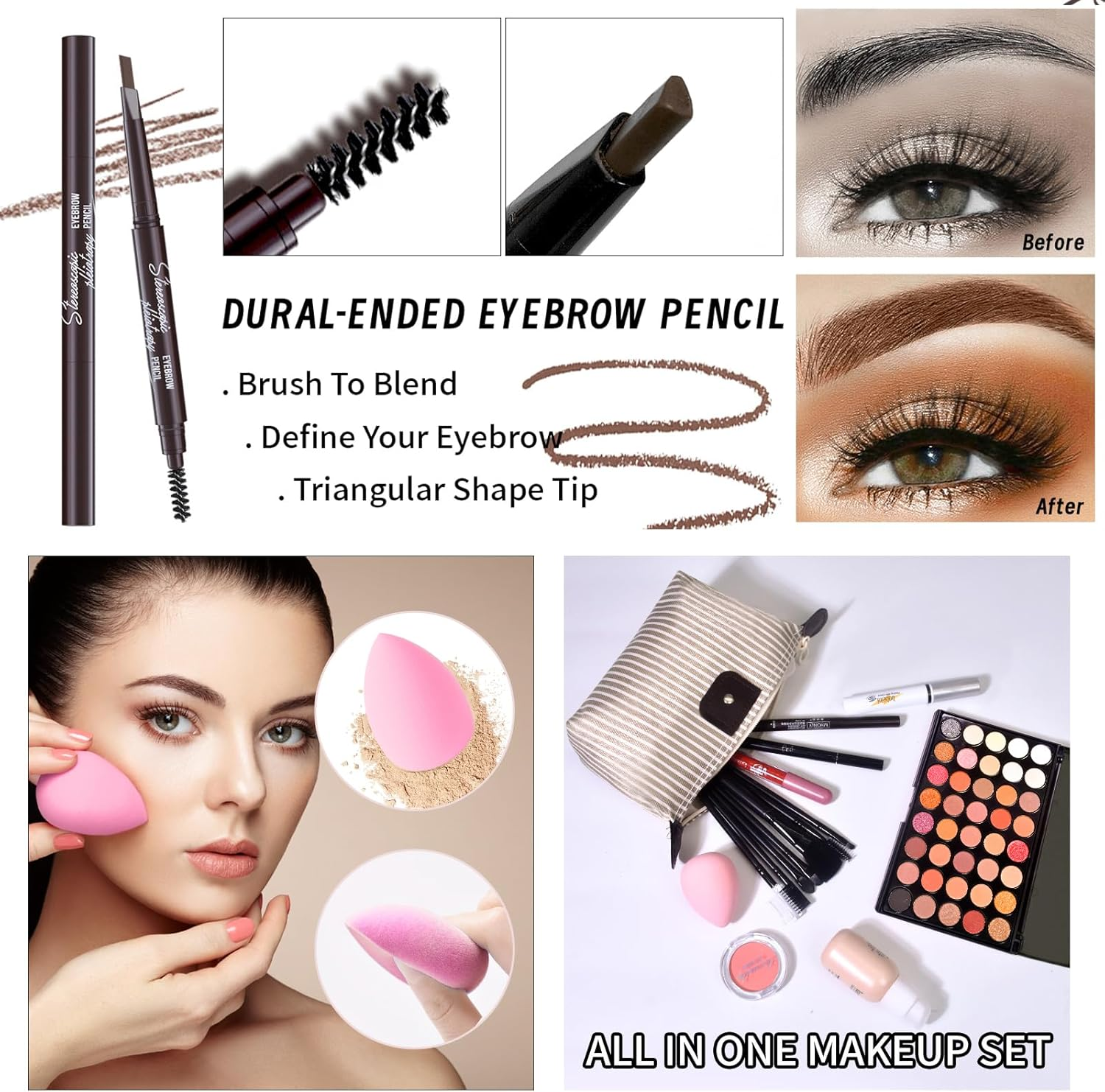 Makeup Set Full Kit for Women Teen Girls, Makeup Present Set, Includes Eyeliner, Blusher, Eyebrow Pencil, Foundation, Mascara, Eyeshadow, Brushes, Lip Gloss, Sponge, Cosmetic Bag - Set 02 image number 3